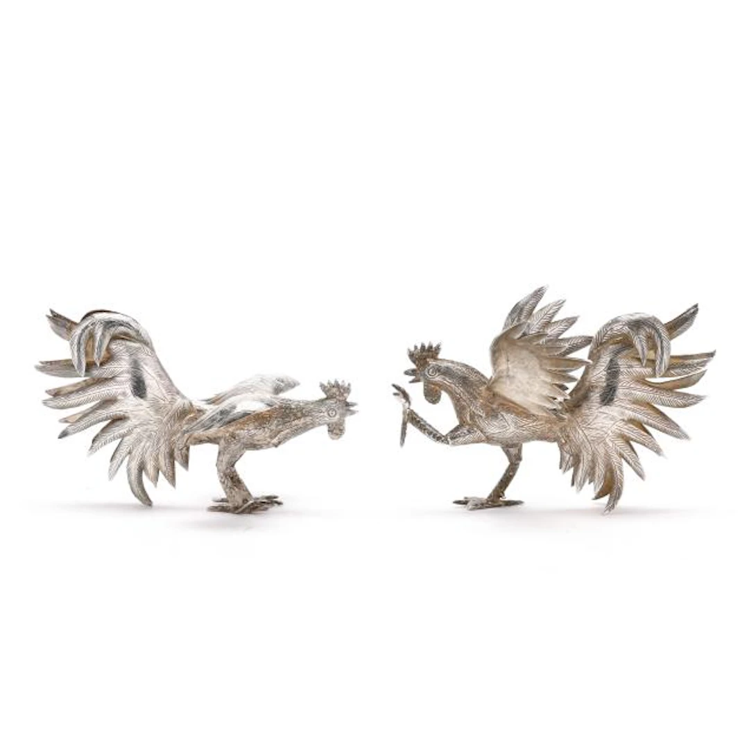 Pair of Sterling Silver Miniature Fighting Cocks