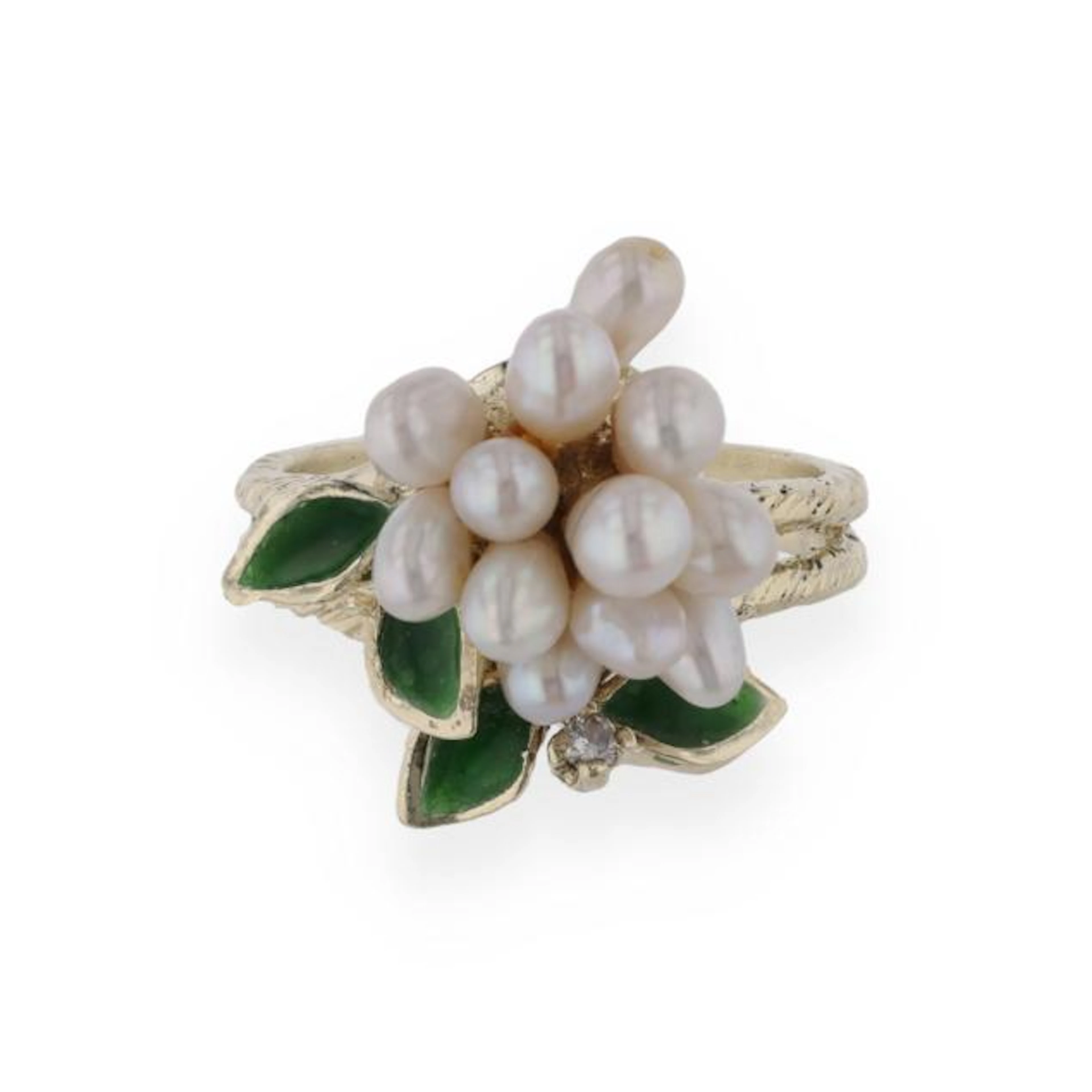 Gold, Pearl, and Enamel Floral Motif Ring