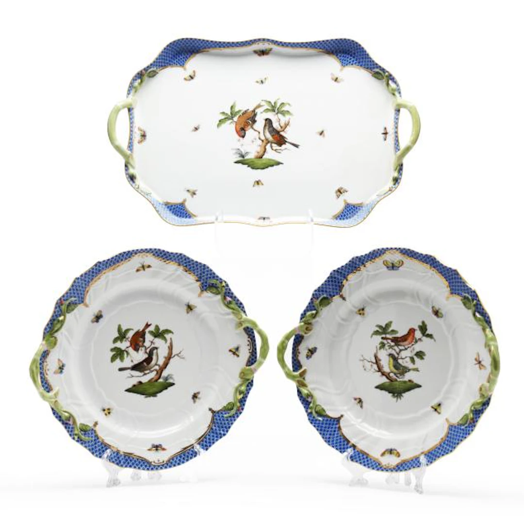 Herend Rothschild Bird Blue Border Three Handled Trays