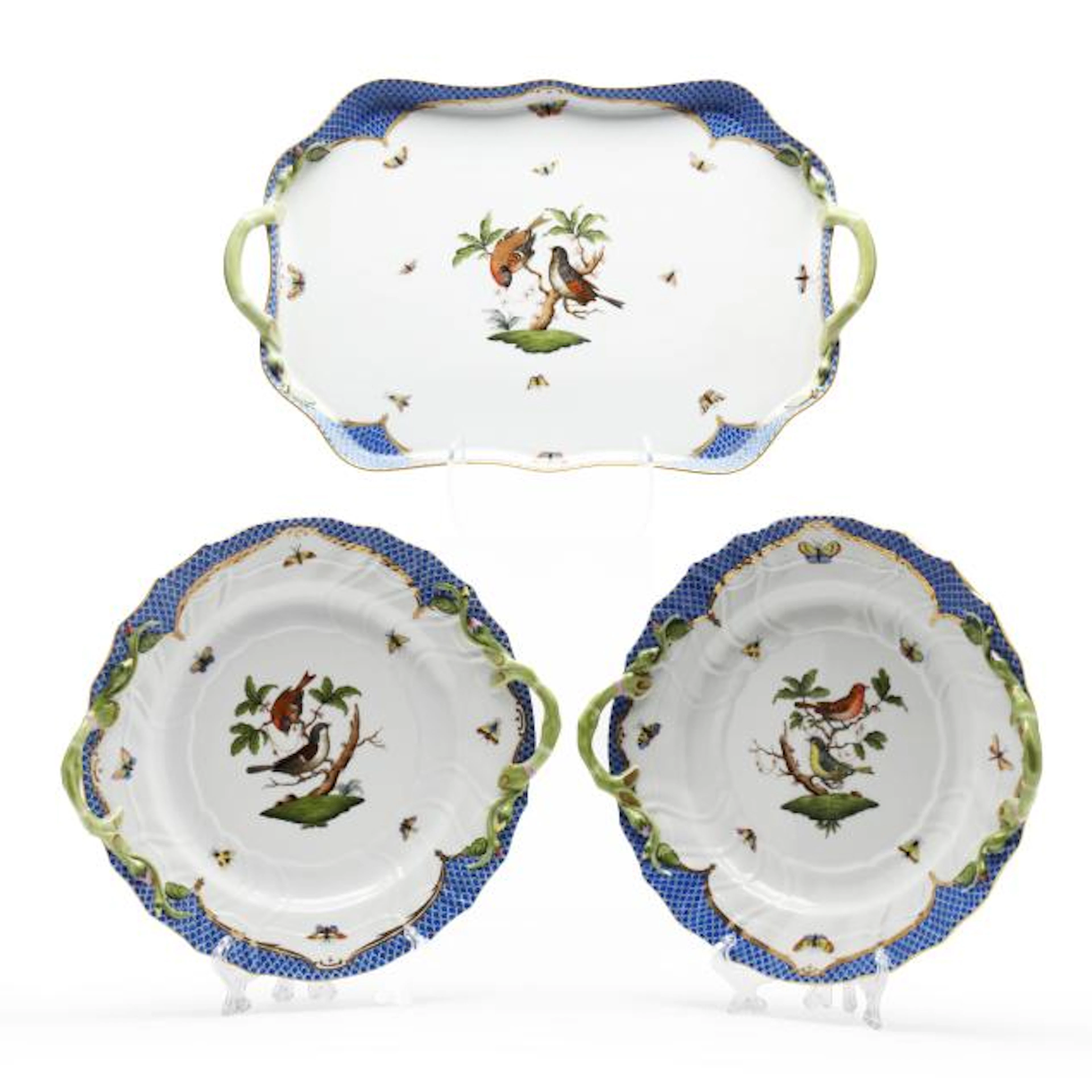 Herend Rothschild Bird Blue Border Three Handled Trays