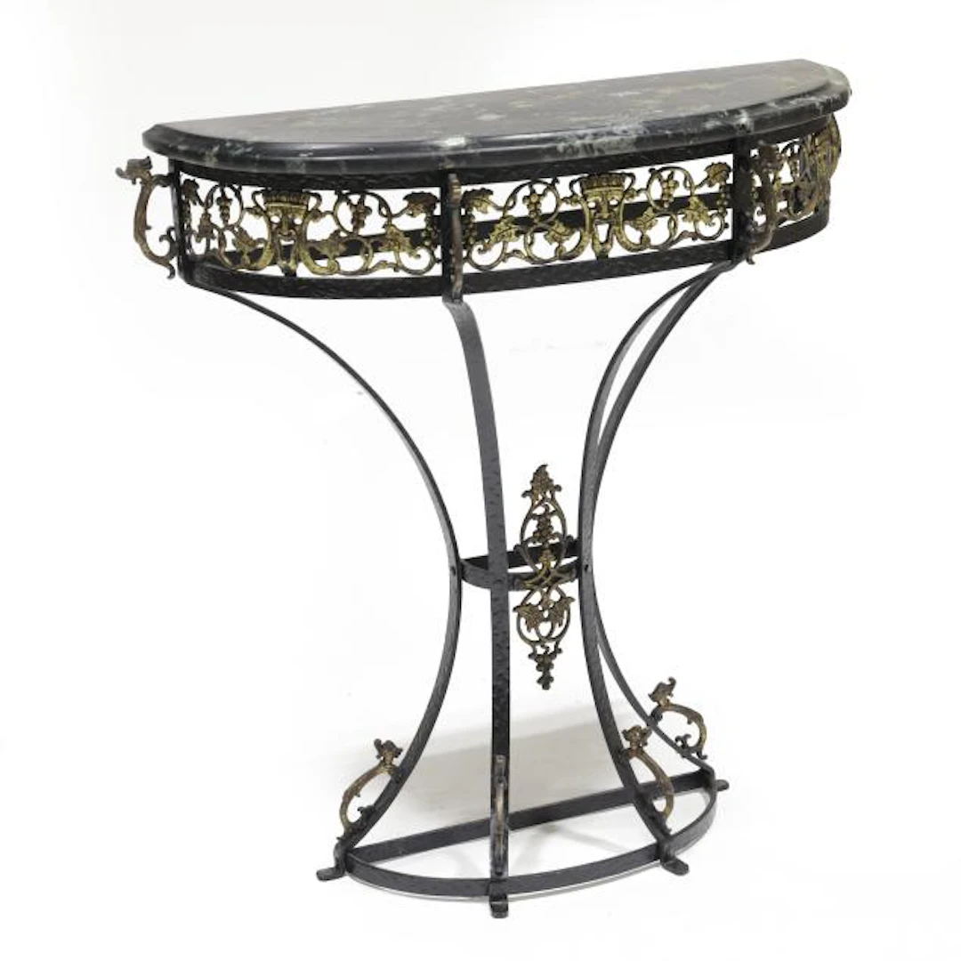 Manner of Oscar Bach, Iron, Bronze and Marble Console Table and Mirror