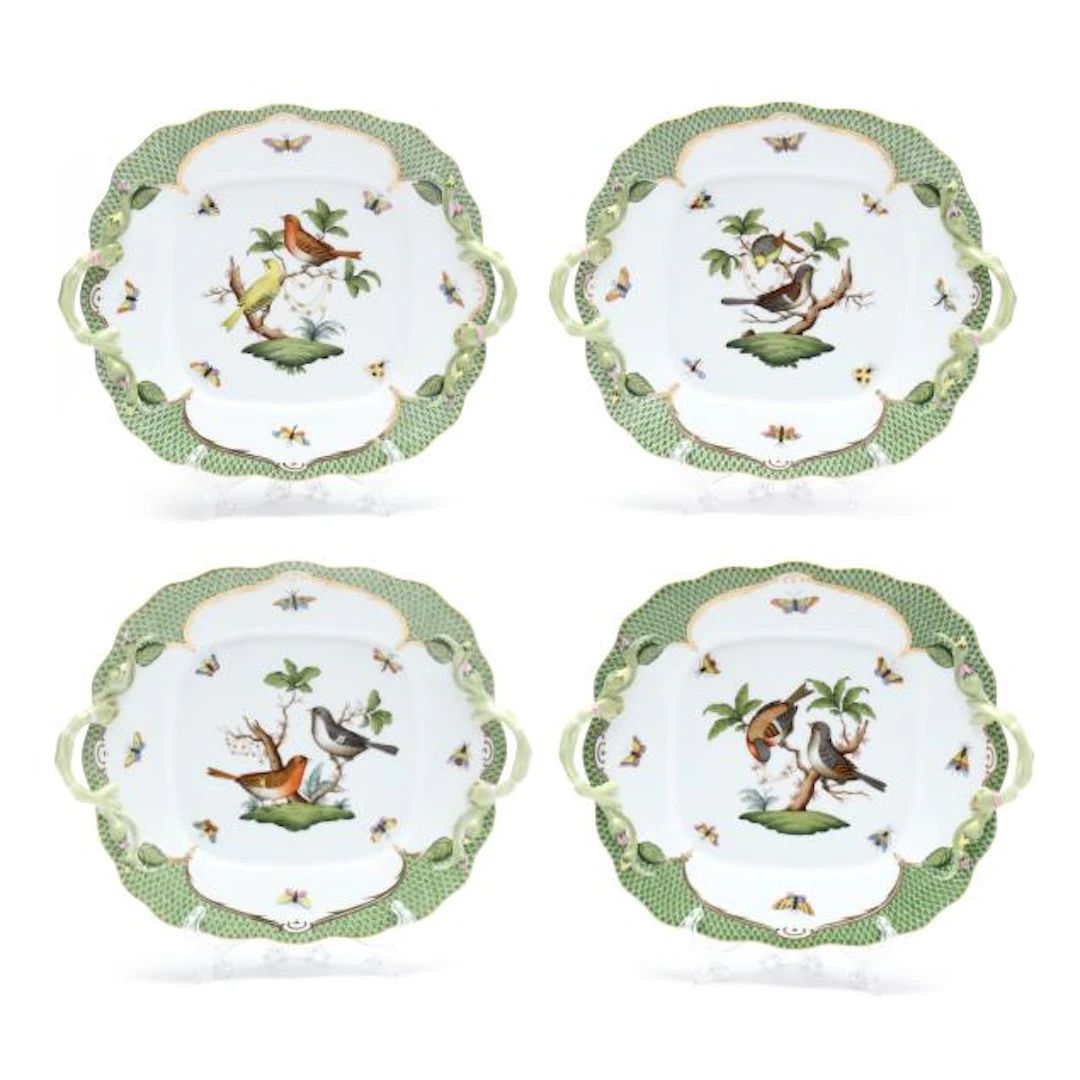 Four Herend Rothschild Bird Green Border Square Handled Cake Plates