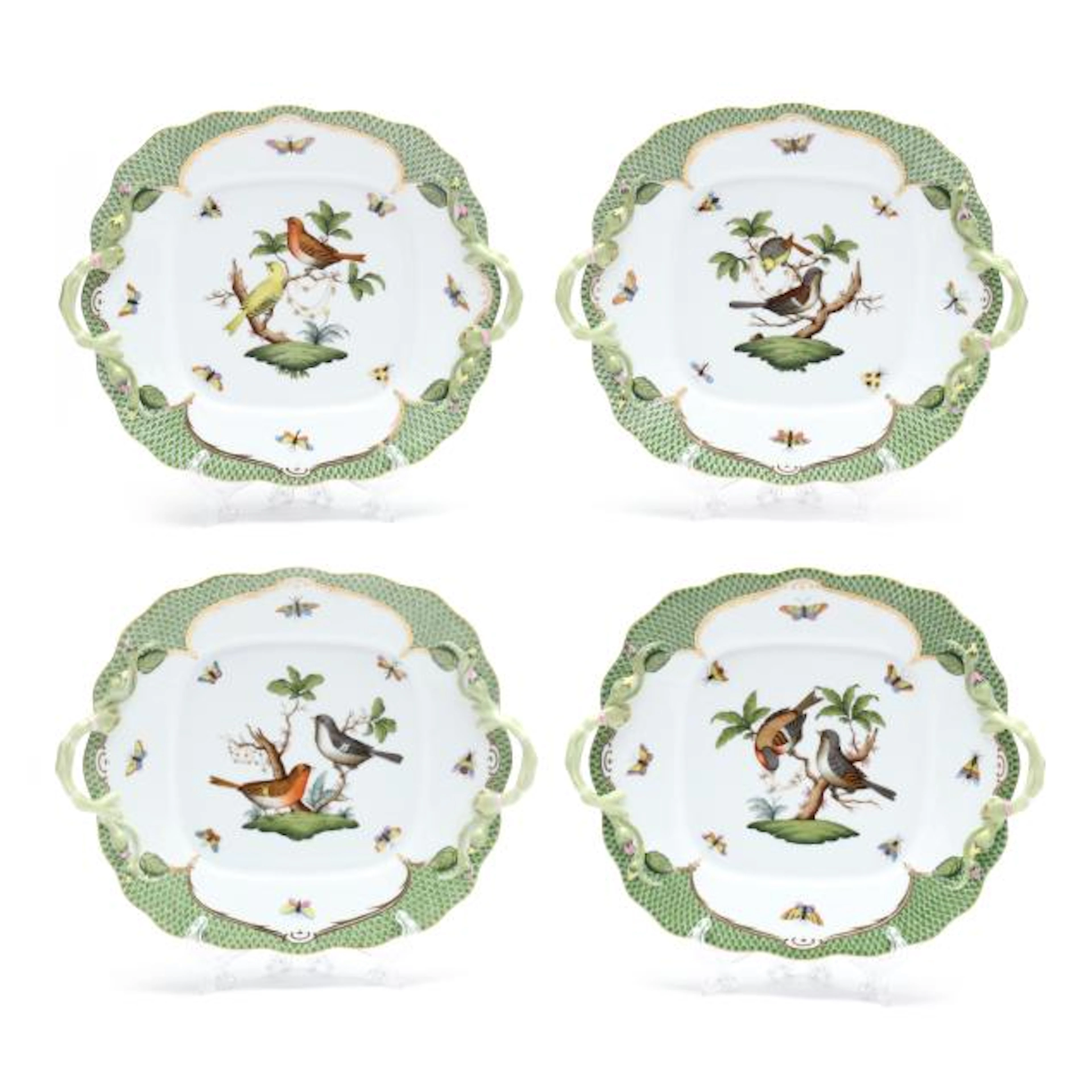 Four Herend Rothschild Bird Green Border Square Handled Cake Plates