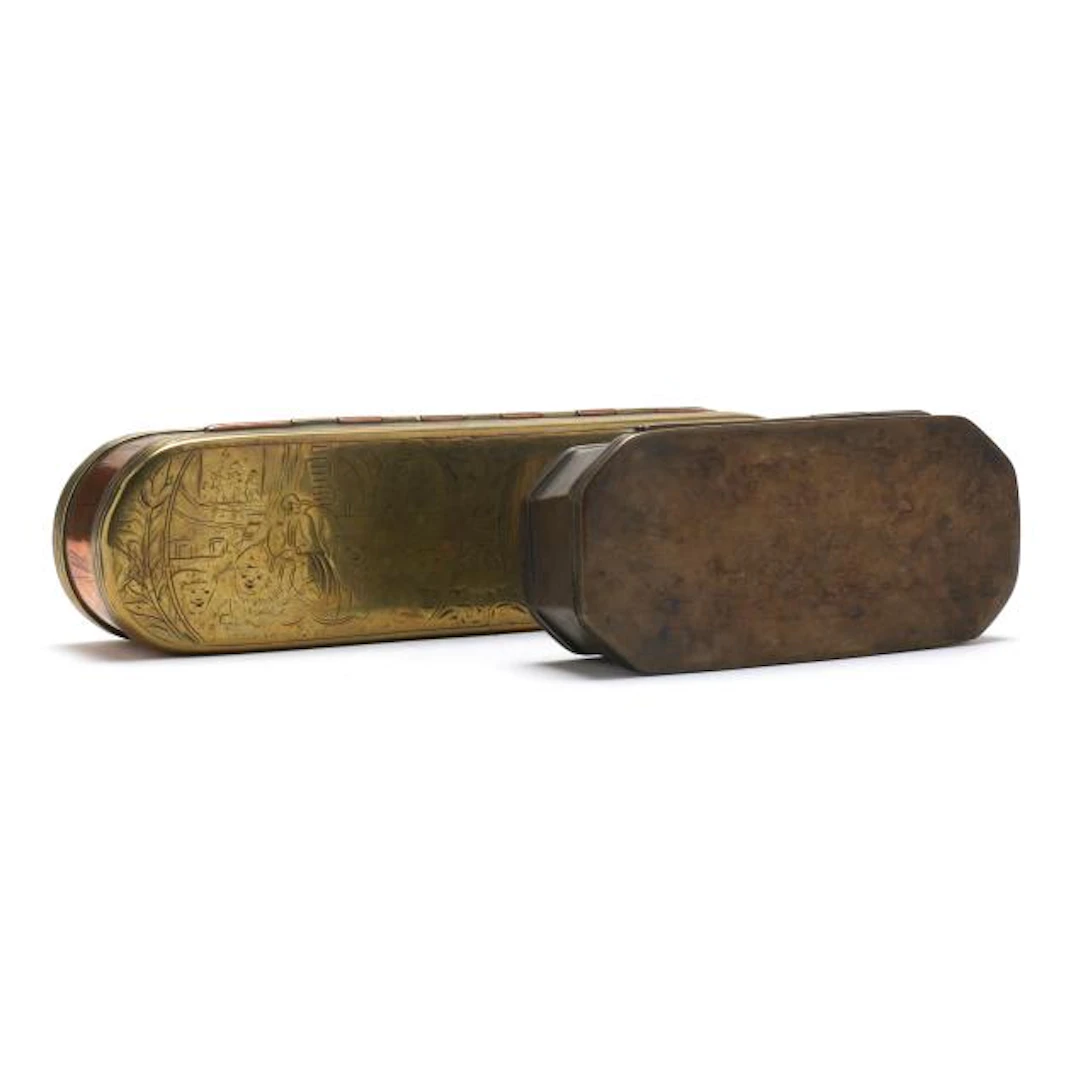 Two Antique Brass Tobacco Boxes, Including Religious Theme