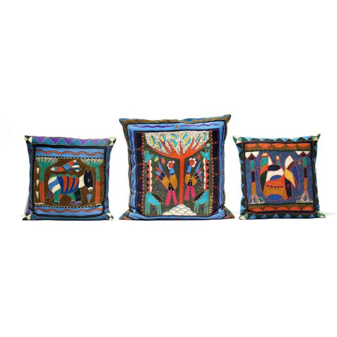 Kaross, Three South African Embroidered Pillows