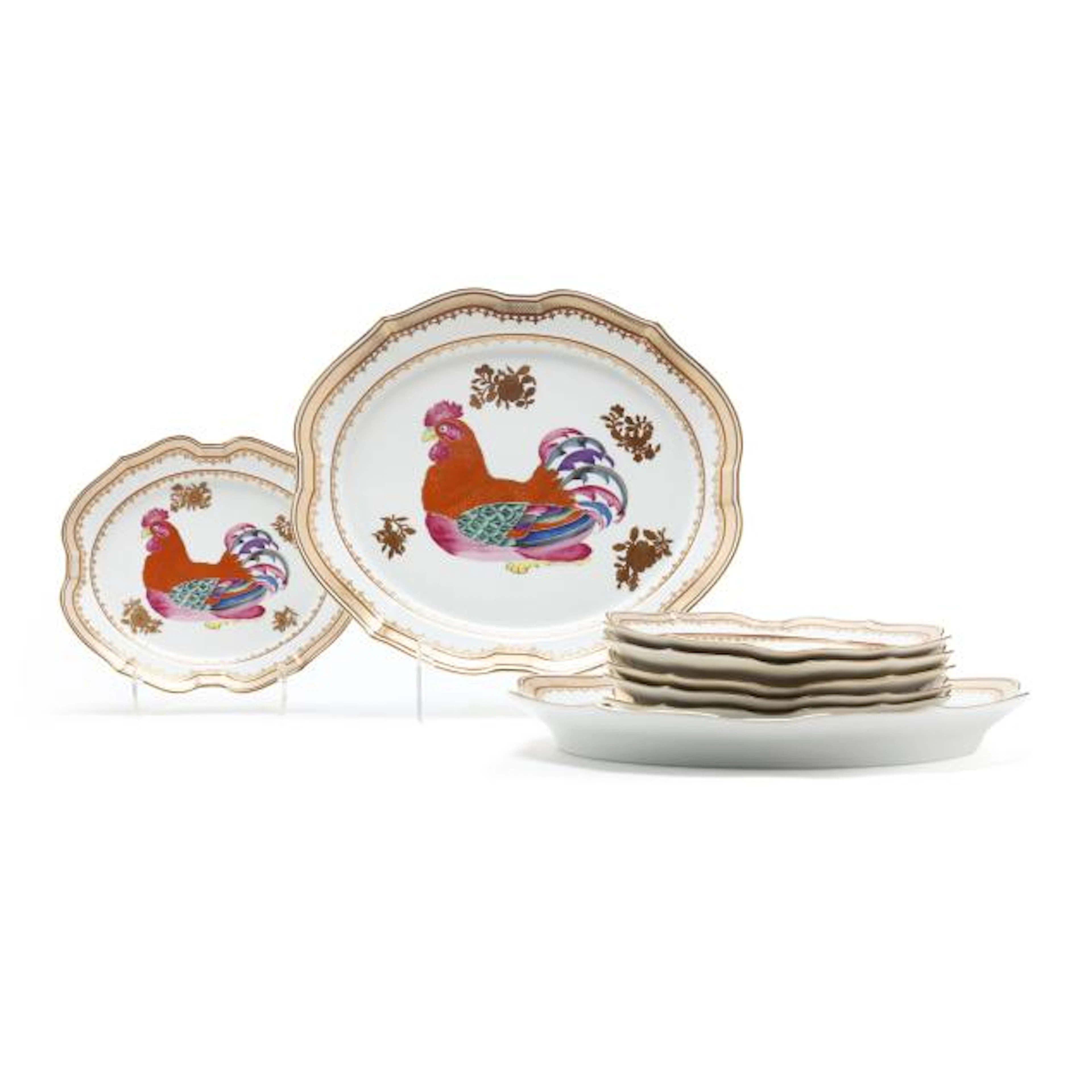 Eight Mottahedeh Chinese Export Style Platters with Rooster Imagery