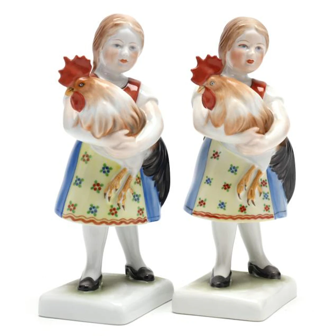 Pair of Herend Traditional Hungarian People, Girl with Rooster