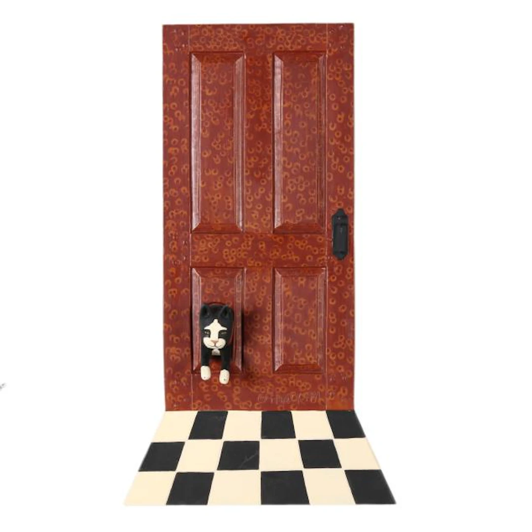 Stephen Huneck (American, 1948-2010), Cast Aluminum Cat in Door Sculpture