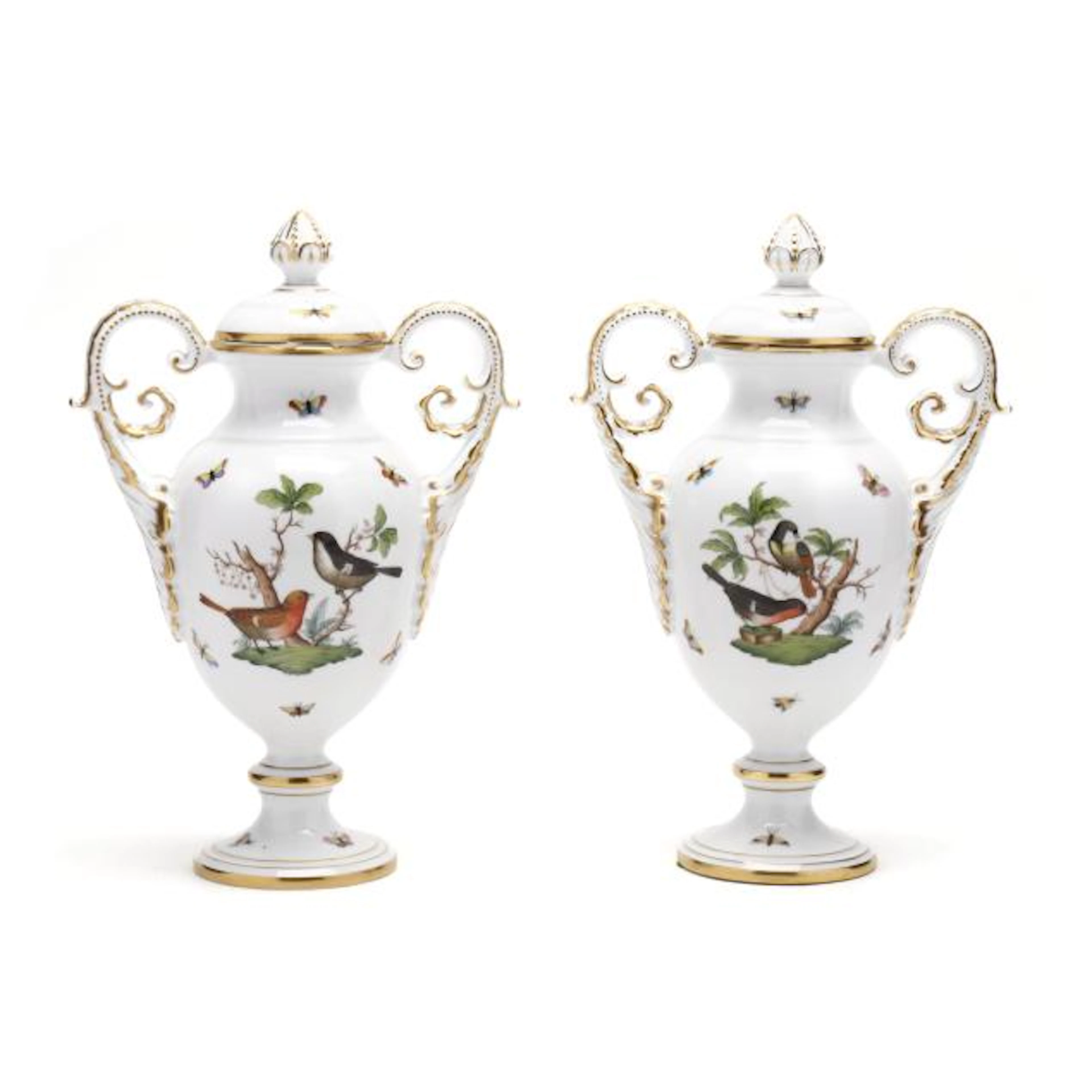 Pair of Herend Rothschild Bird Covered Urns