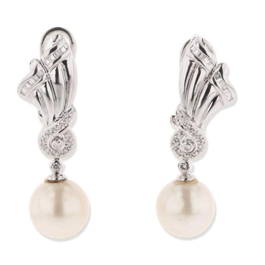White Gold, South Sea Pearl, and Diamond Earrings