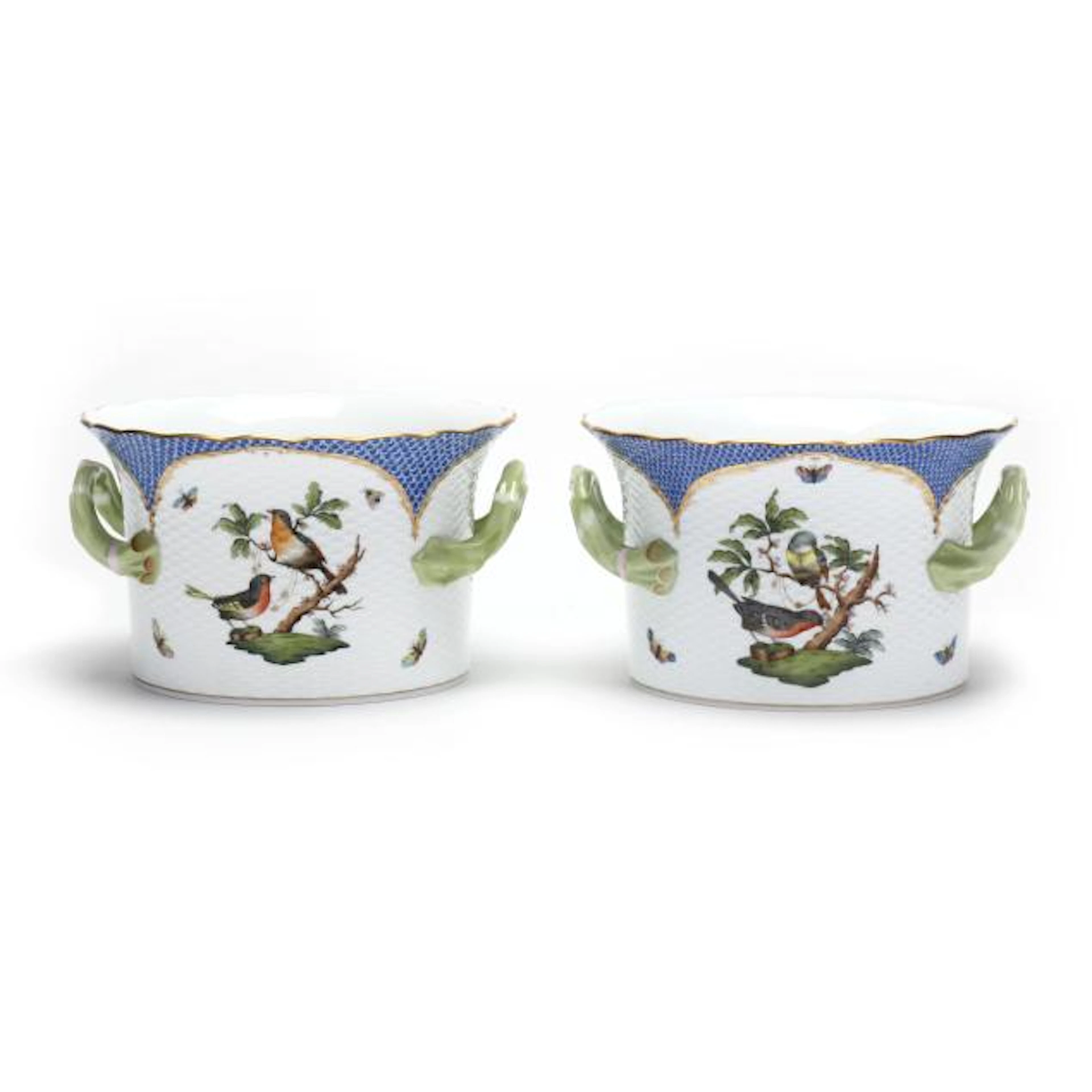 Pair of Herend Rothschild Bird Blue Border Cachepots