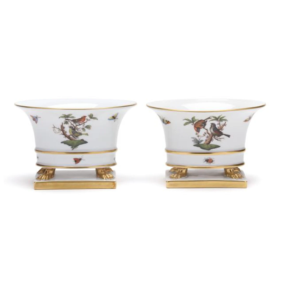 Pair of Herend Rothschild Bird Oval Footed Urns