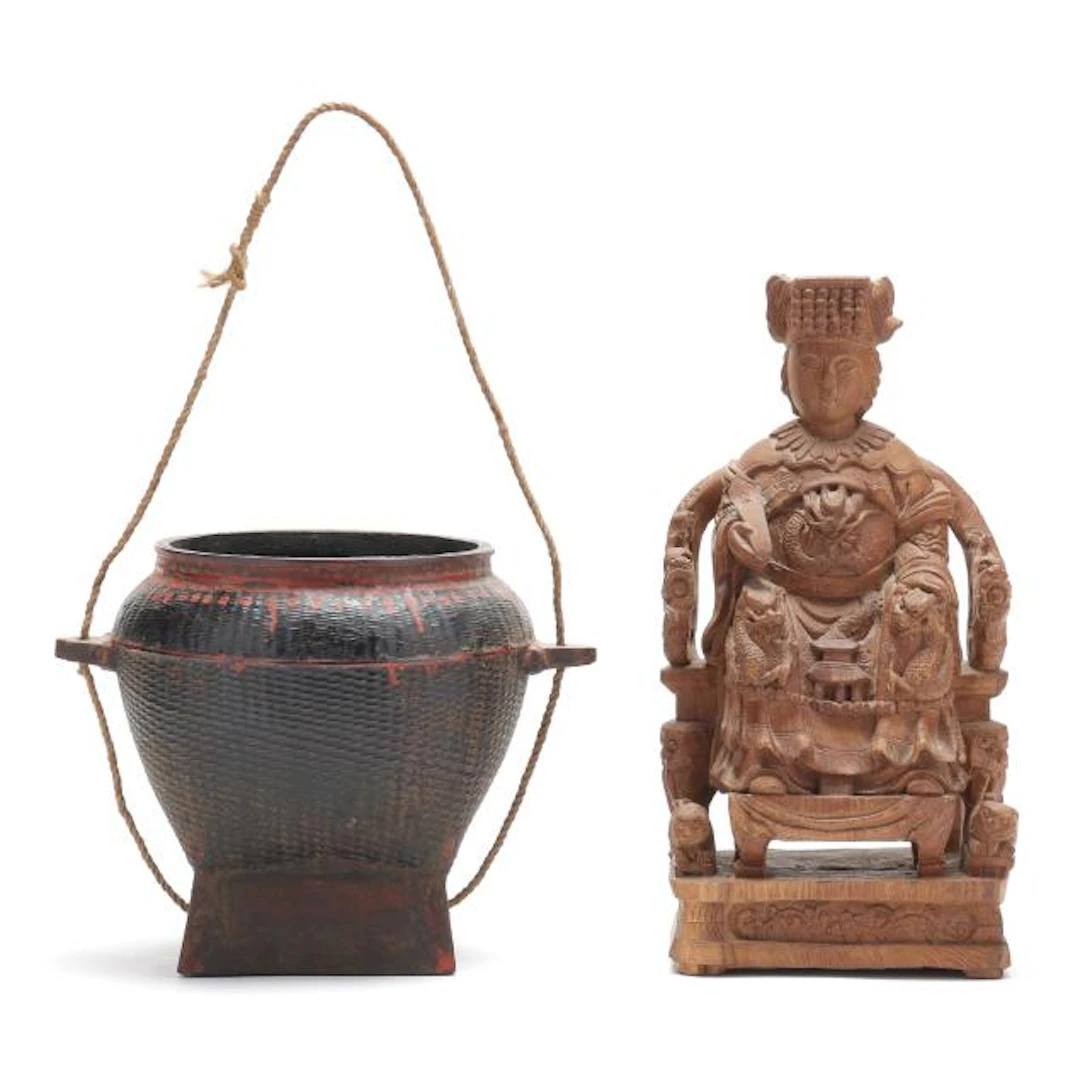 Chinese Lacquered Water Basket and Carved Wood Empress