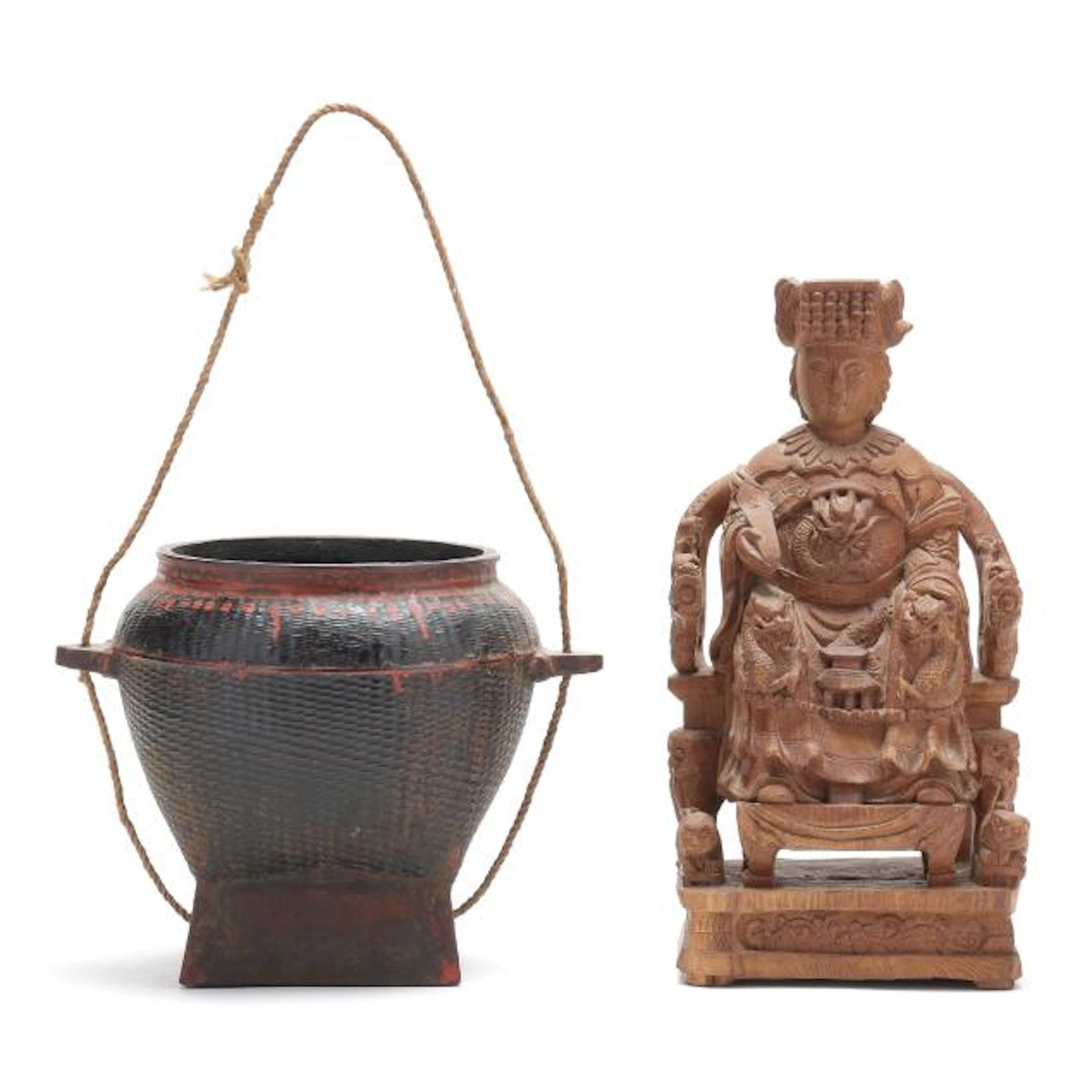 Chinese Lacquered Water Basket and Carved Wood Empress