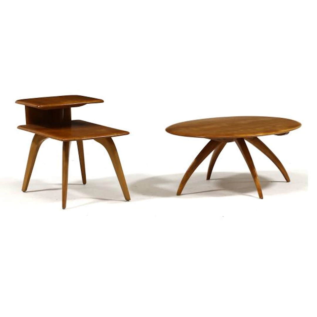 Heywood Wakefield, Rotating Top Cocktail Table and Tiered Side Table