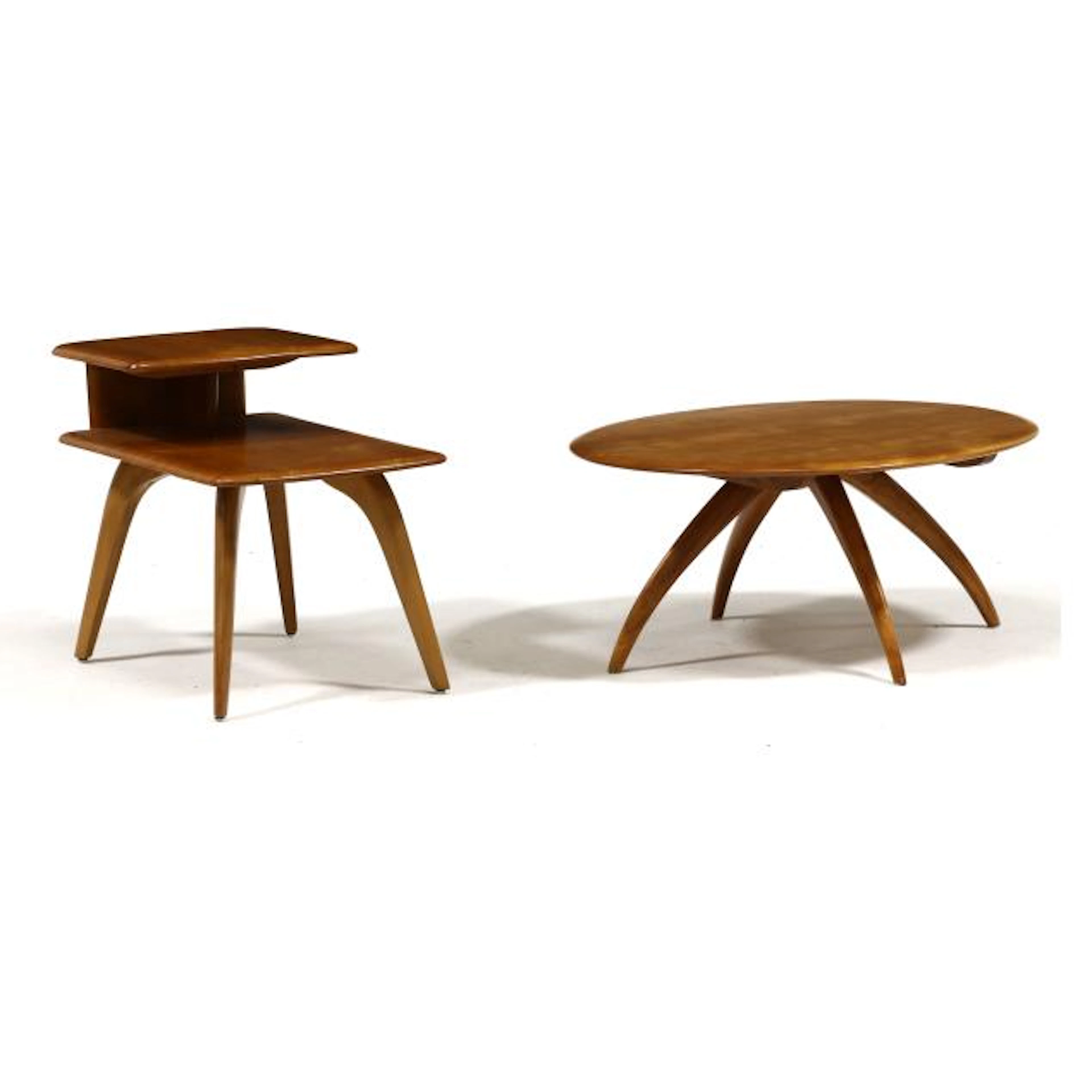 Heywood Wakefield, Rotating Top Cocktail Table and Tiered Side Table