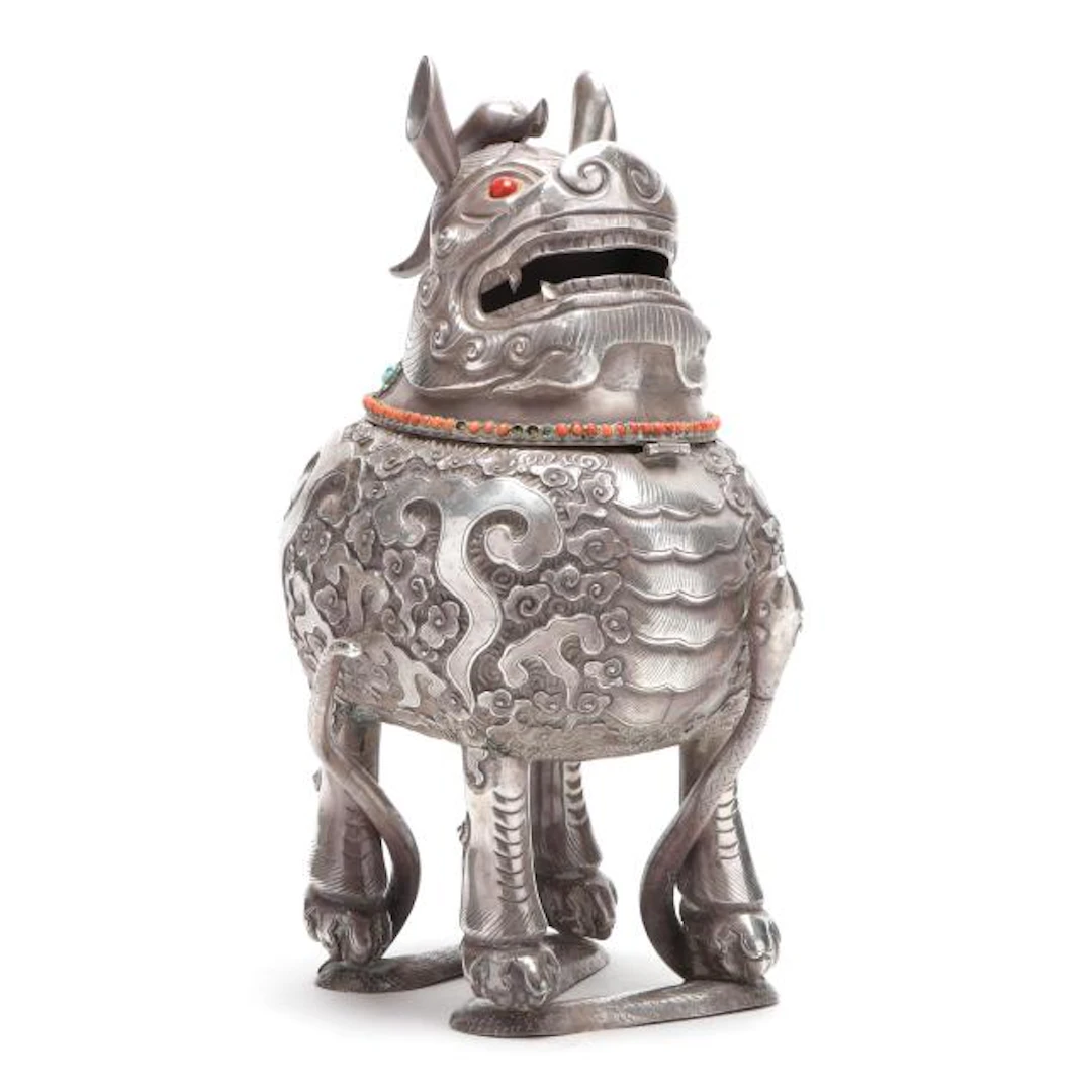 A Tibetan Silver Mythical Beast Censer with Inlay