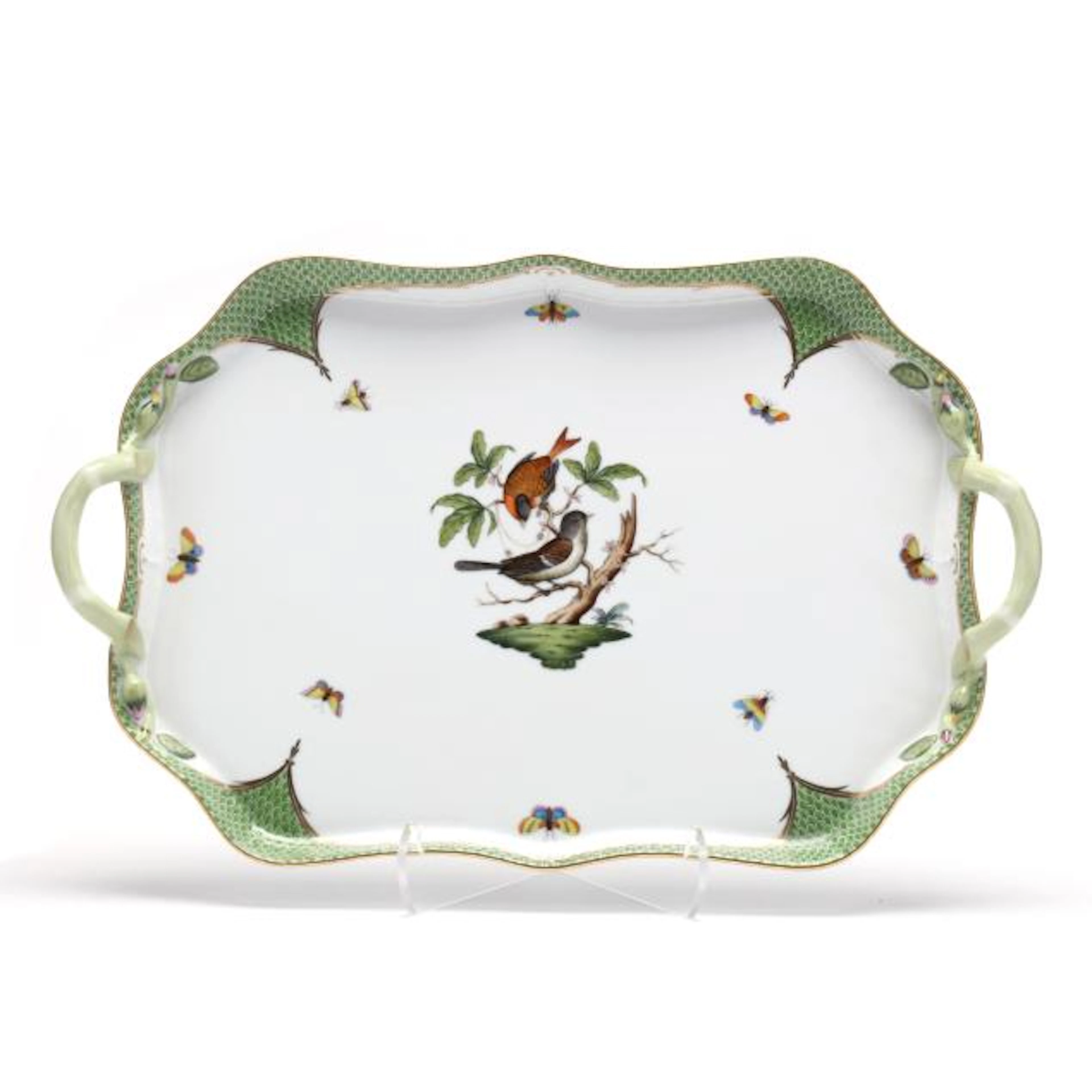 Herend Rothschild Bird Green Border Large Handled Serving Tray