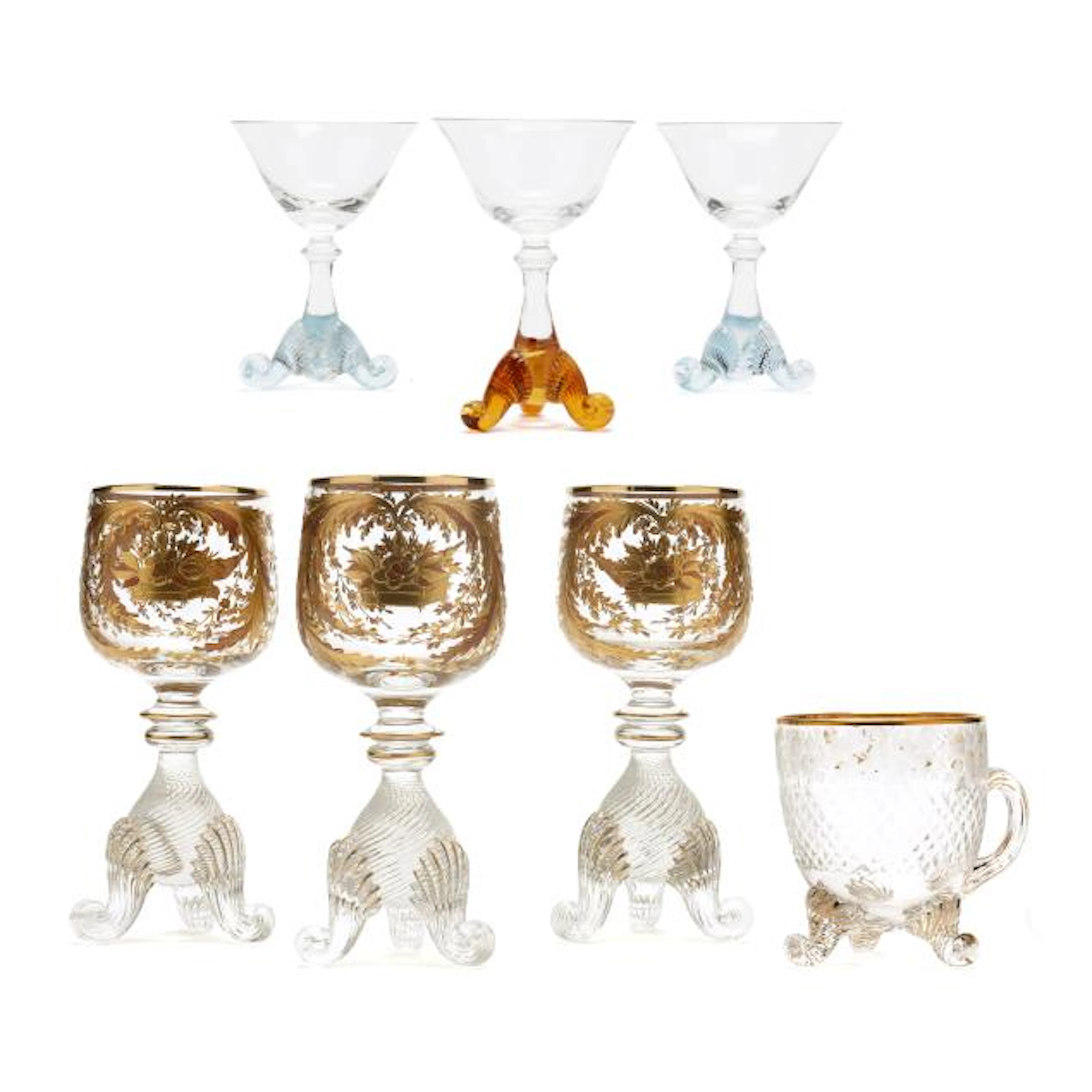 Group of Seven Unusual Tri-Footed Venetian Glass Stems