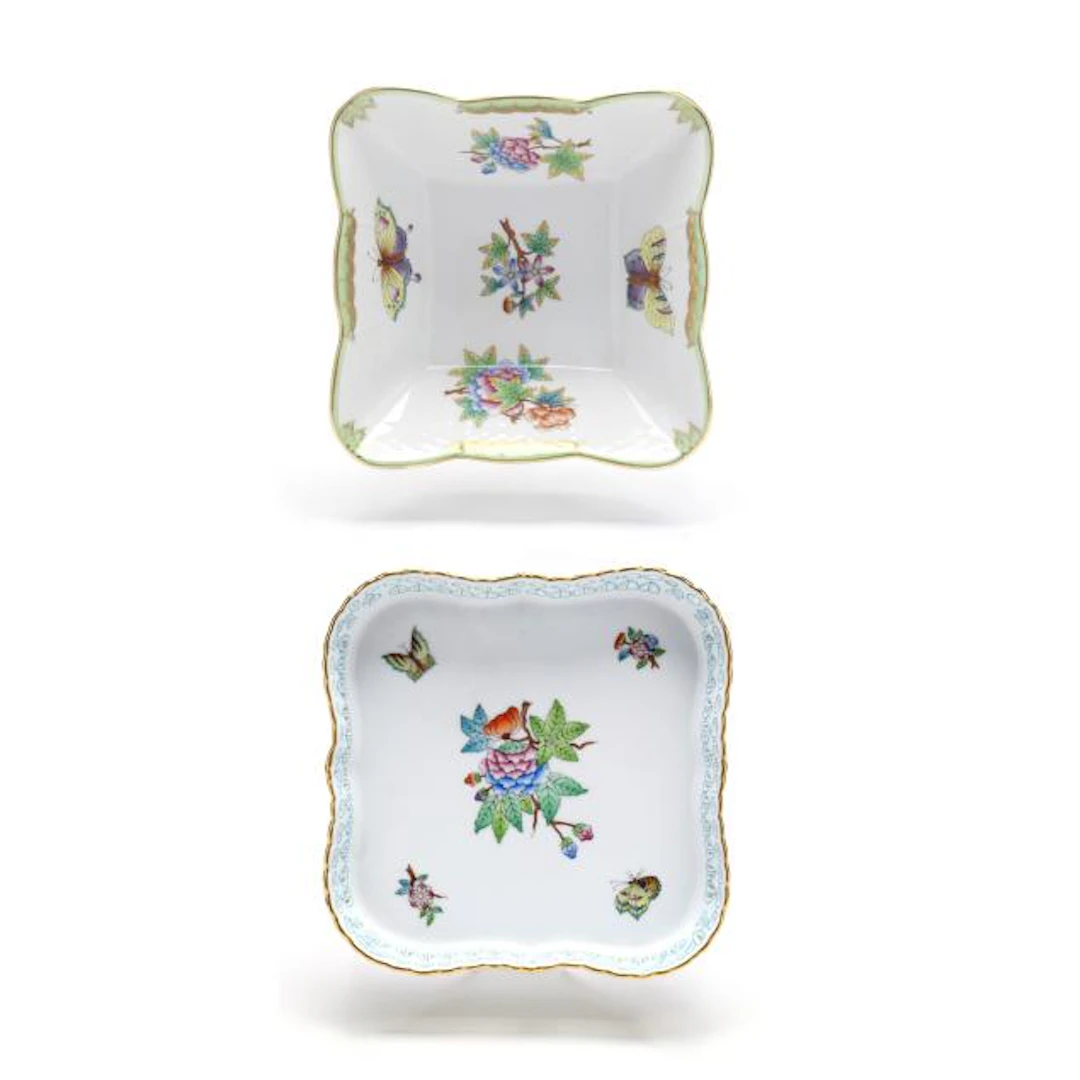 Two Herend Queen Victoria Green Border Square Dishes