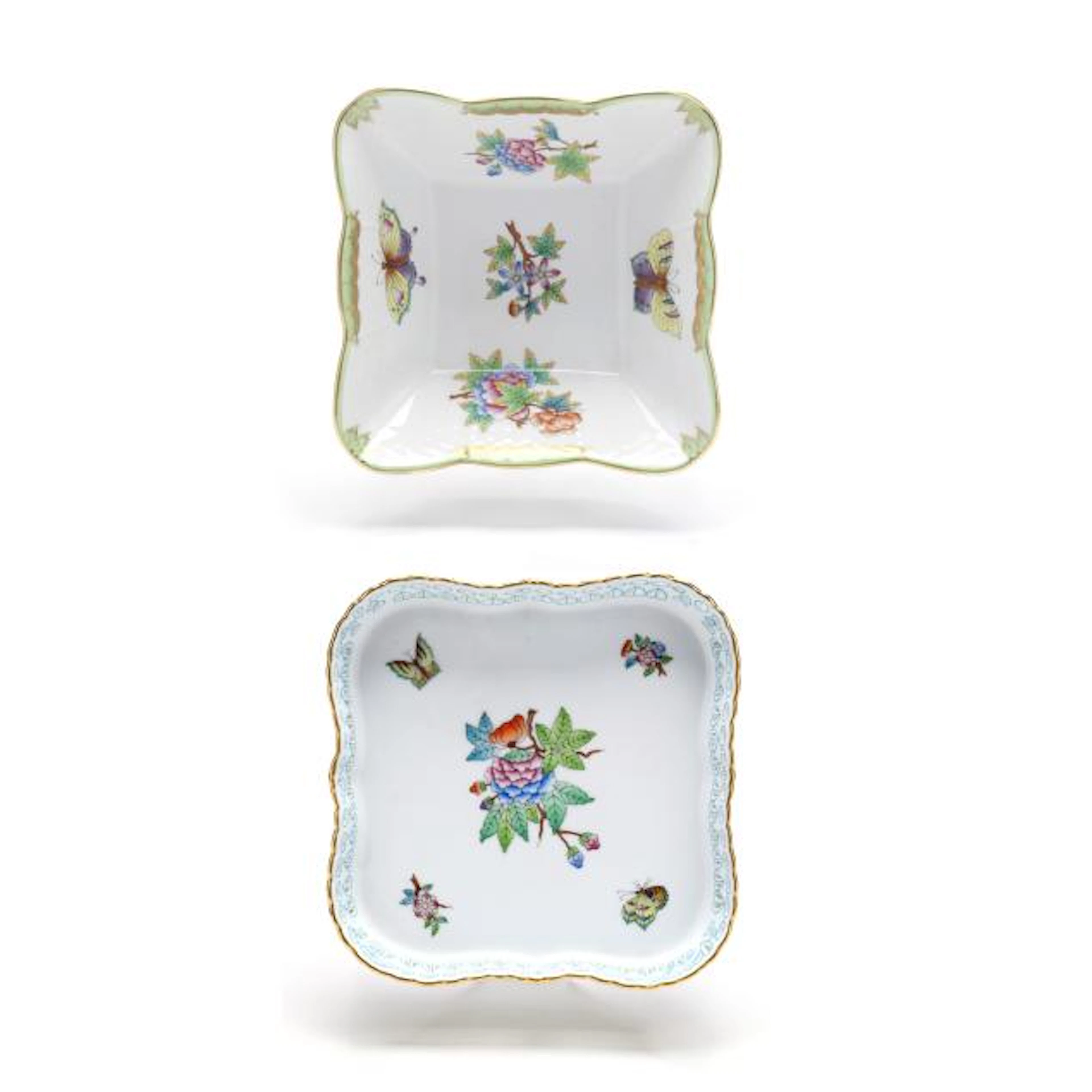 Two Herend Queen Victoria Green Border Square Dishes