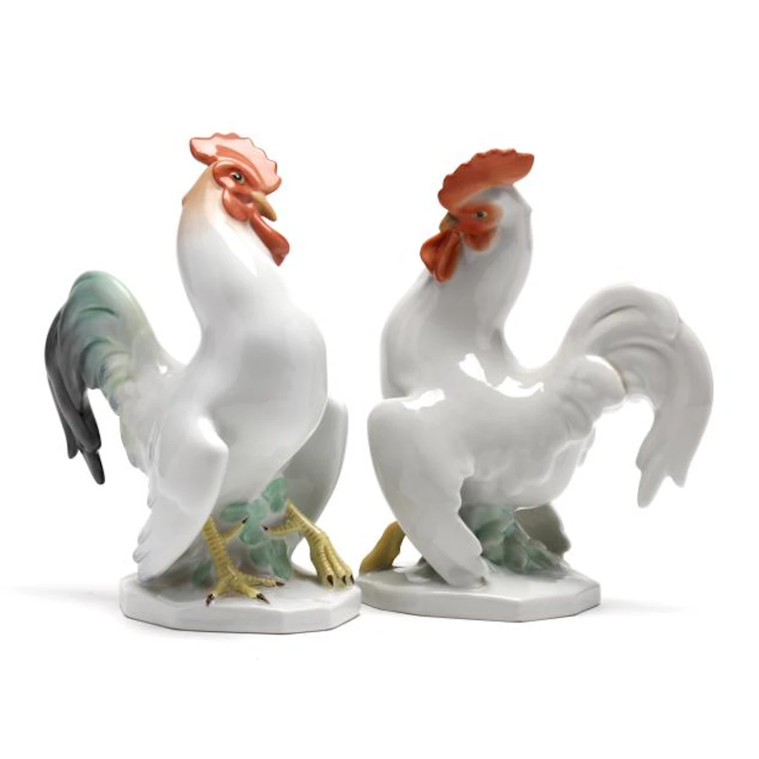 A Near Pair of Herend Natural Cocky Roosters