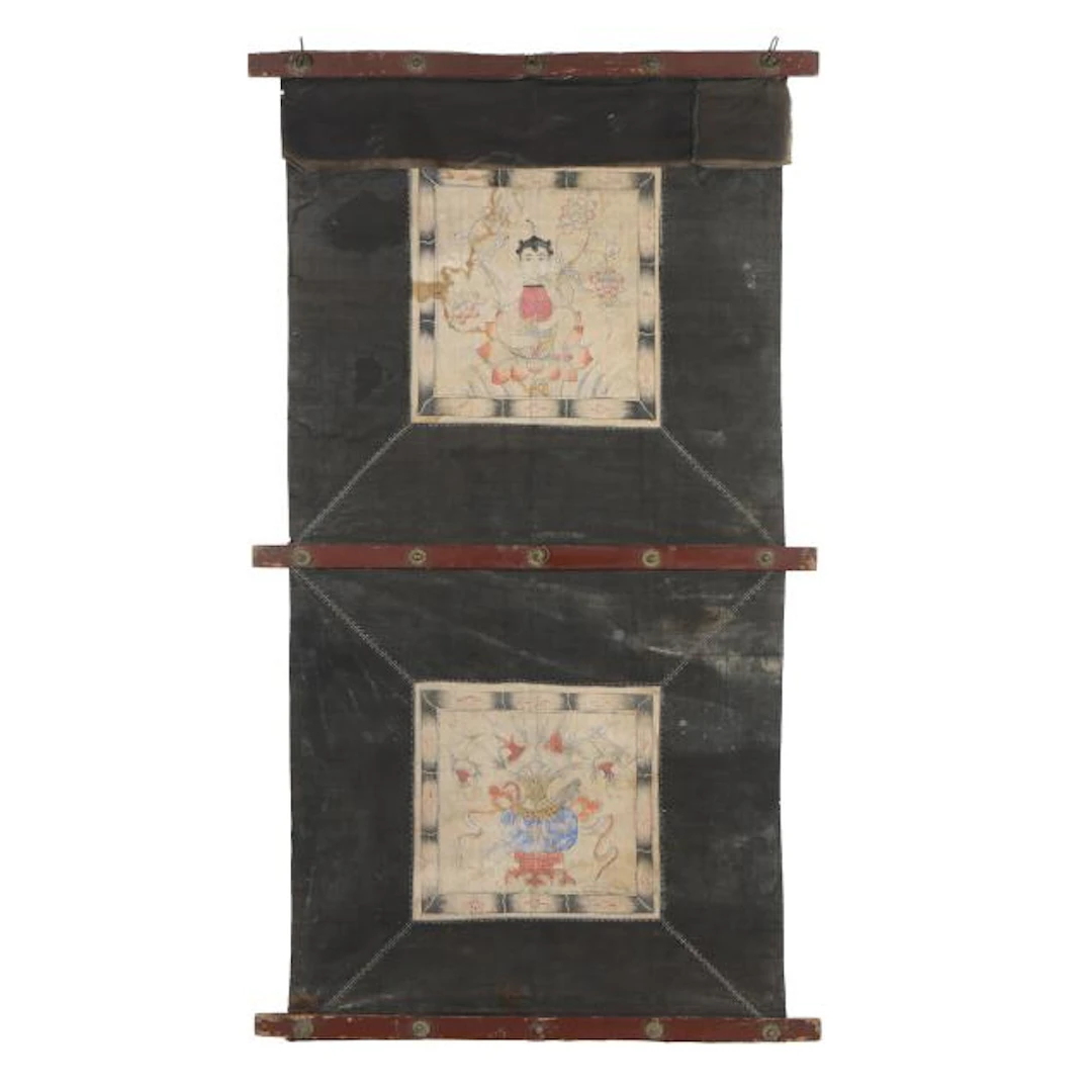 A Vintage Chinese Hand-Painted Theater or Door Curtain