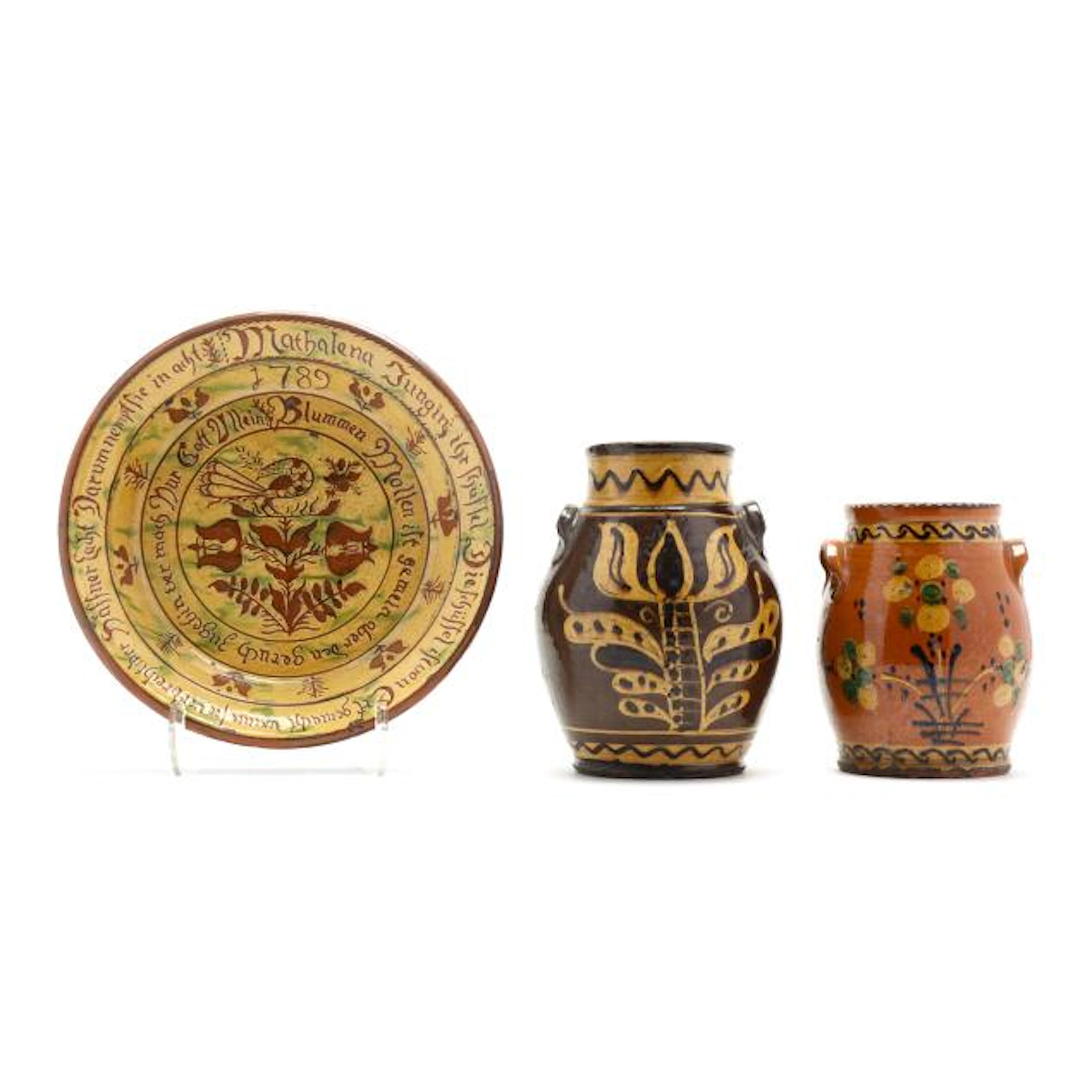 Greg Shooner (Oregonia, Ohio), Three Decorated Redware Pottery Forms