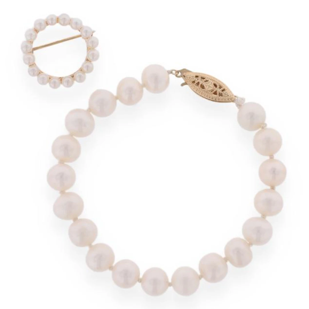Gold and Pearl Bracelet and Circle Brooch