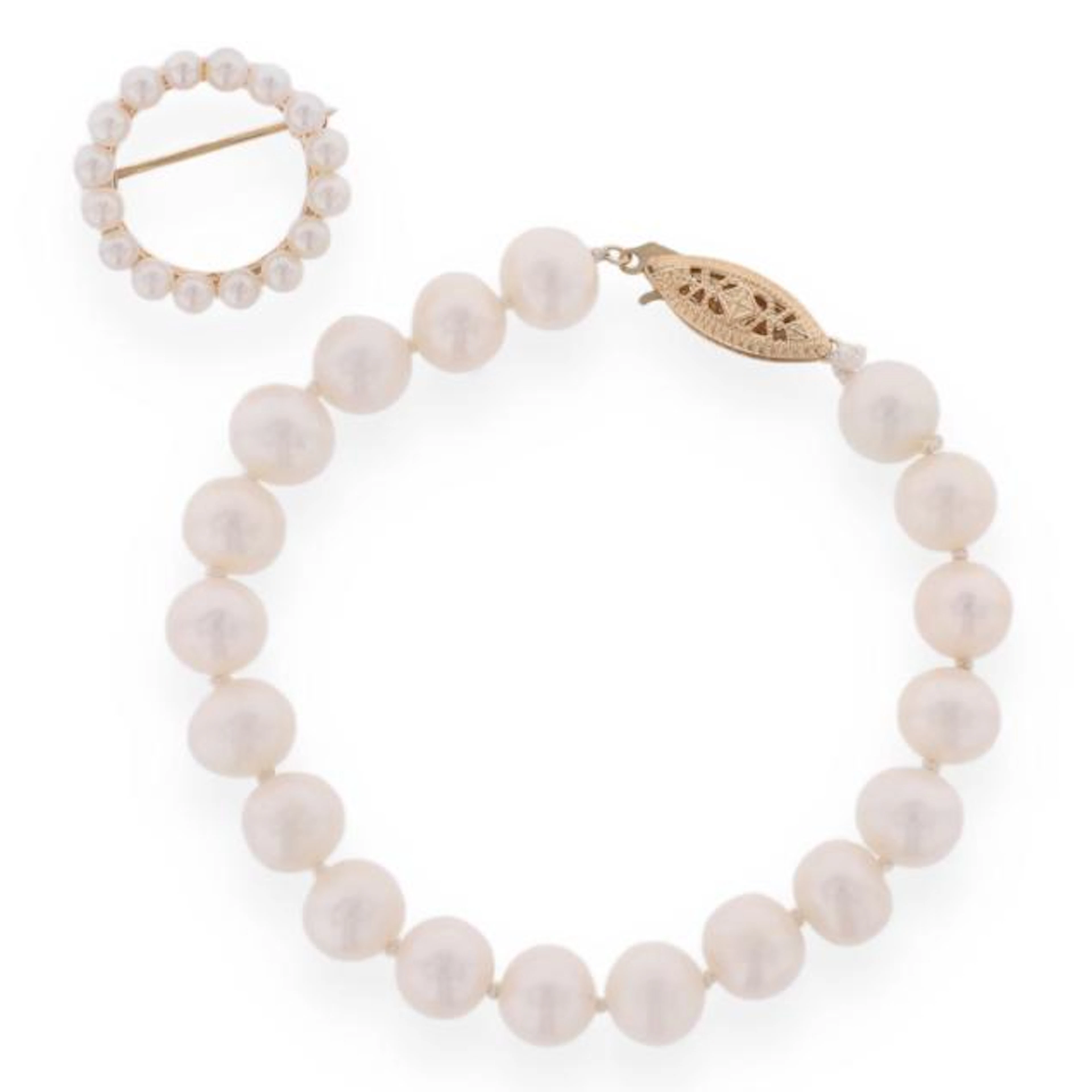 Gold and Pearl Bracelet and Circle Brooch