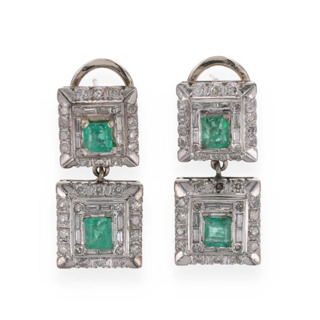 Silver, Diamond, and Emerald Drop Earrings