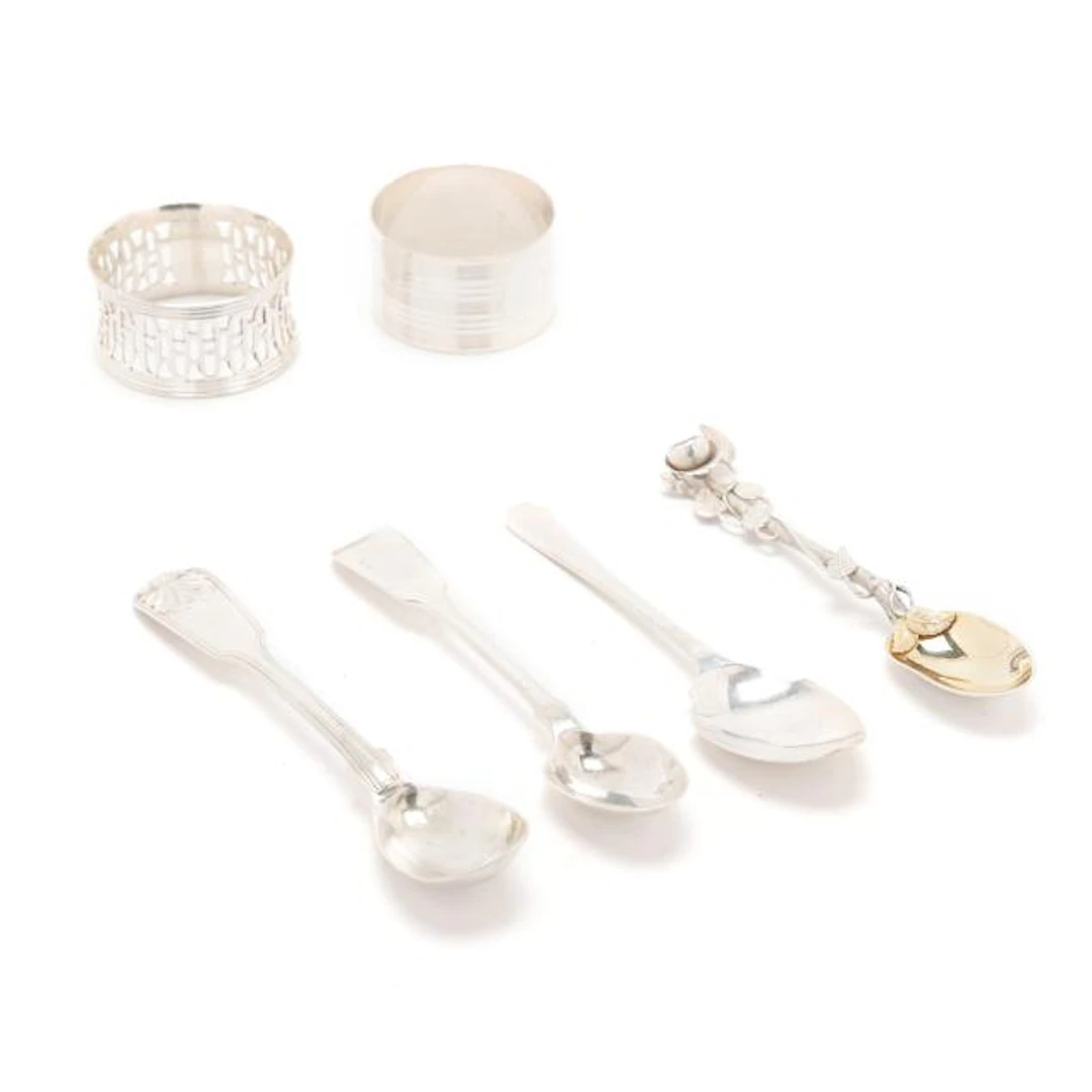 Assortment of English Silver Spoons and Napkin Rings, Including Paul Storr