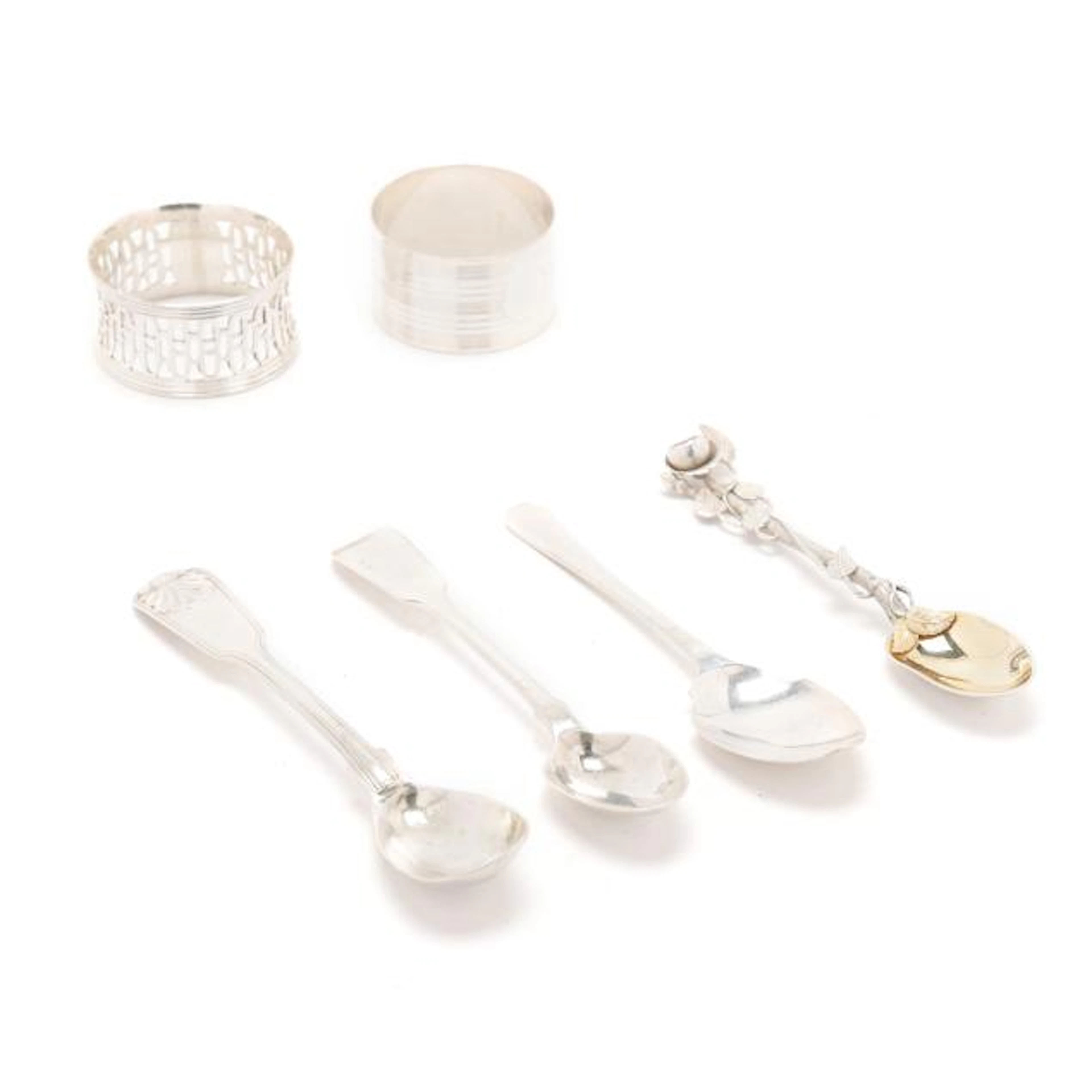 Assortment of English Silver Spoons and Napkin Rings, Including Paul Storr