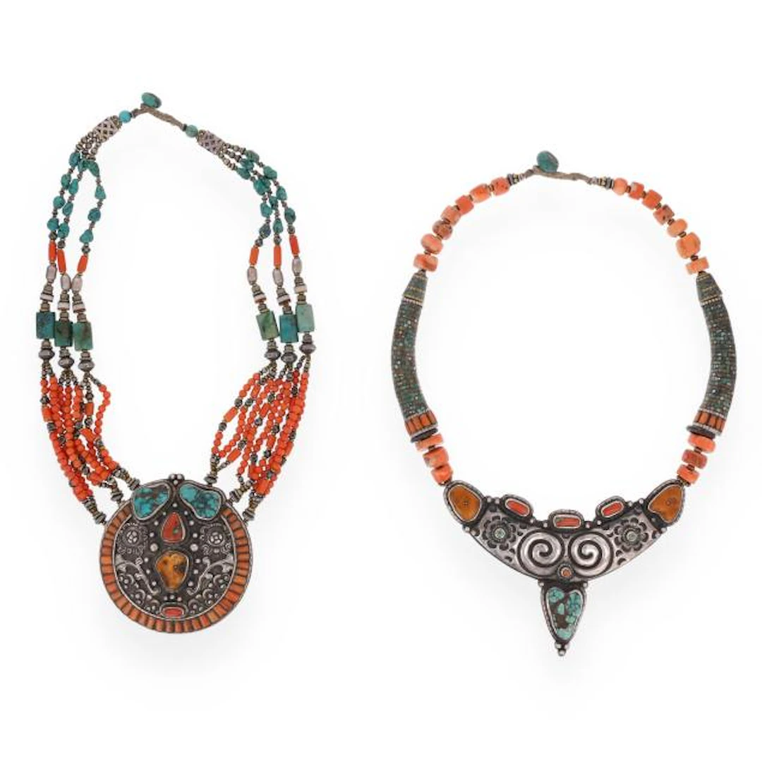 Two Southwestern Silver, Turquoise, and Coral Necklaces