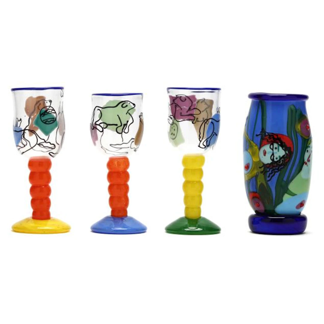 Katherine and William Bernstein (NC) Glass Vase and Three Goblets