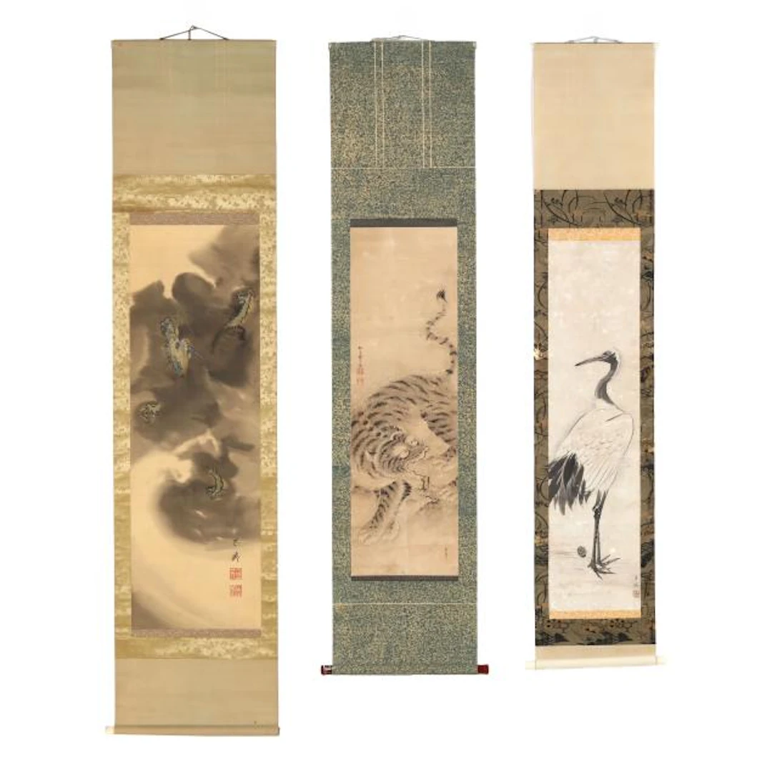 Three Japanese Paintings of a Tiger, Dragon, and Crane