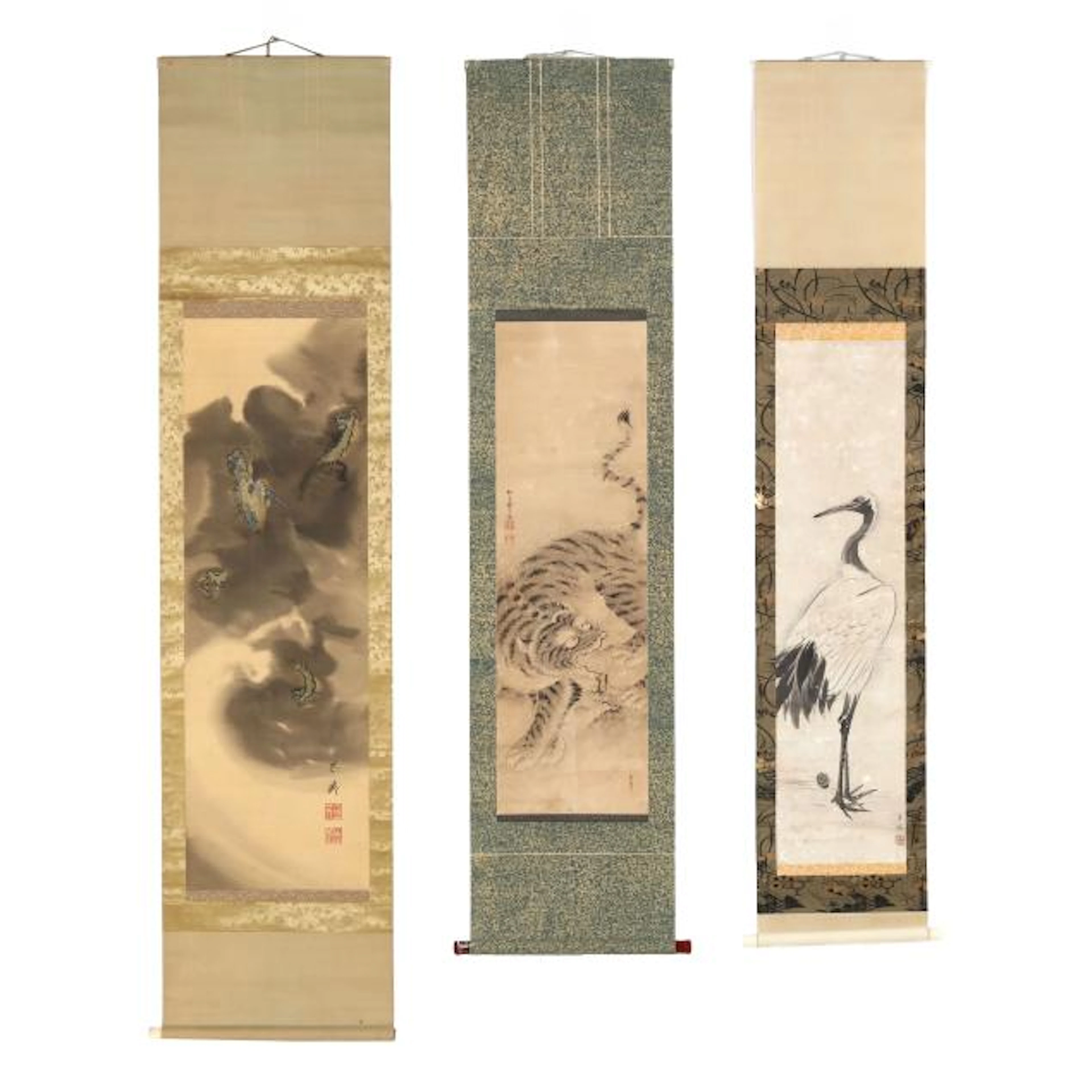 Three Japanese Paintings of a Tiger, Dragon, and Crane