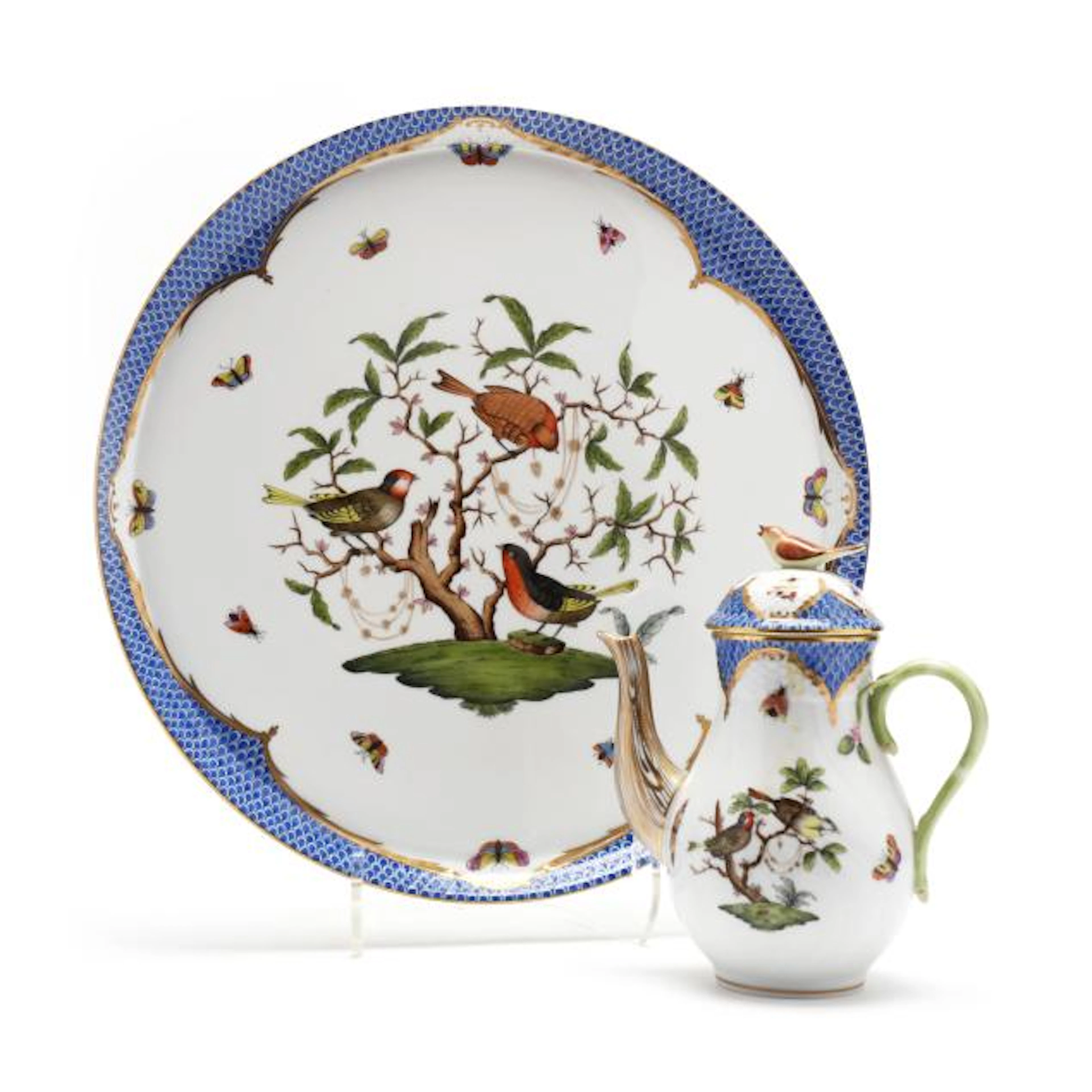 Herend Rothschild Bird Blue Border Tray and Coffee Pot