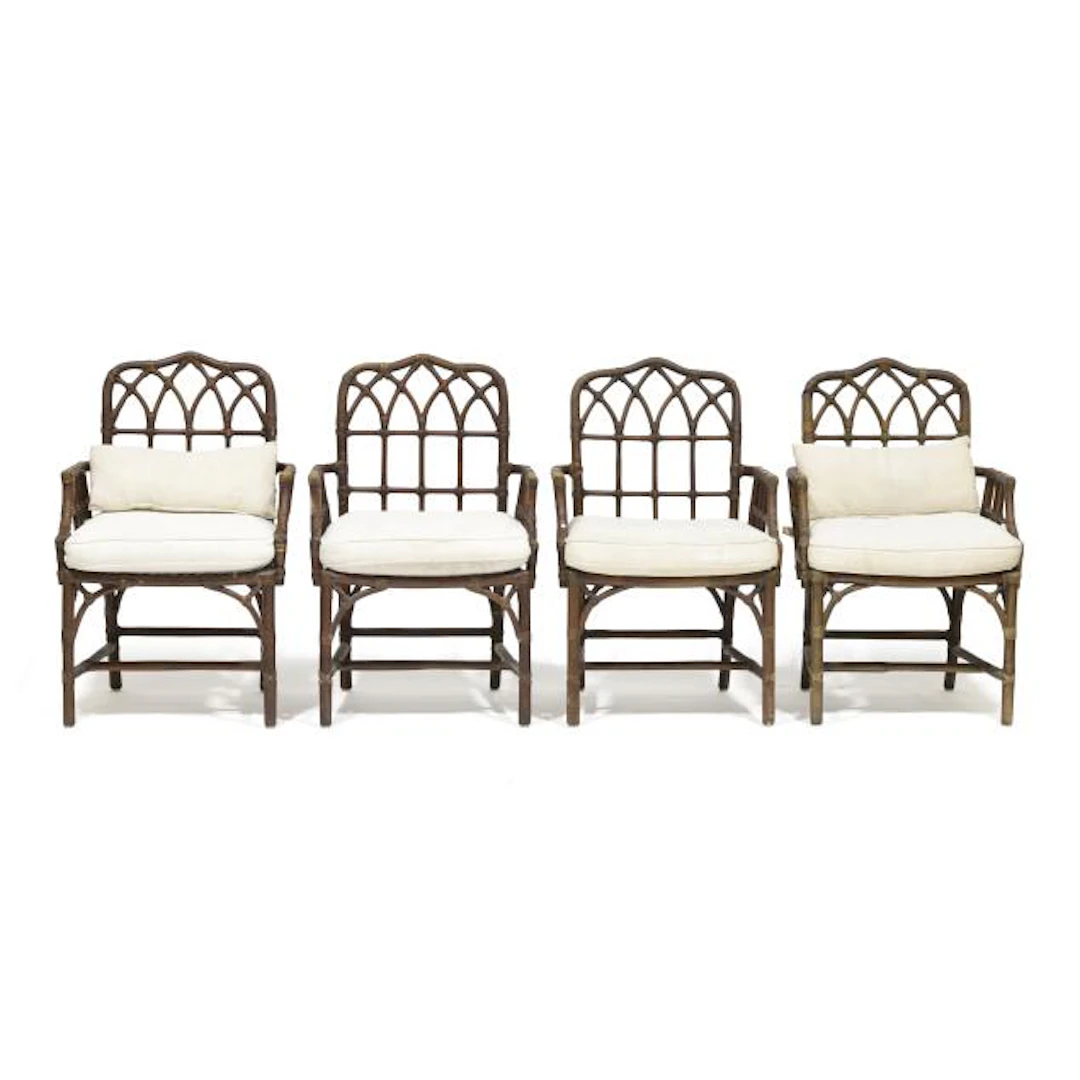 McGuire, Four Cathedral Back Rattan Armchairs