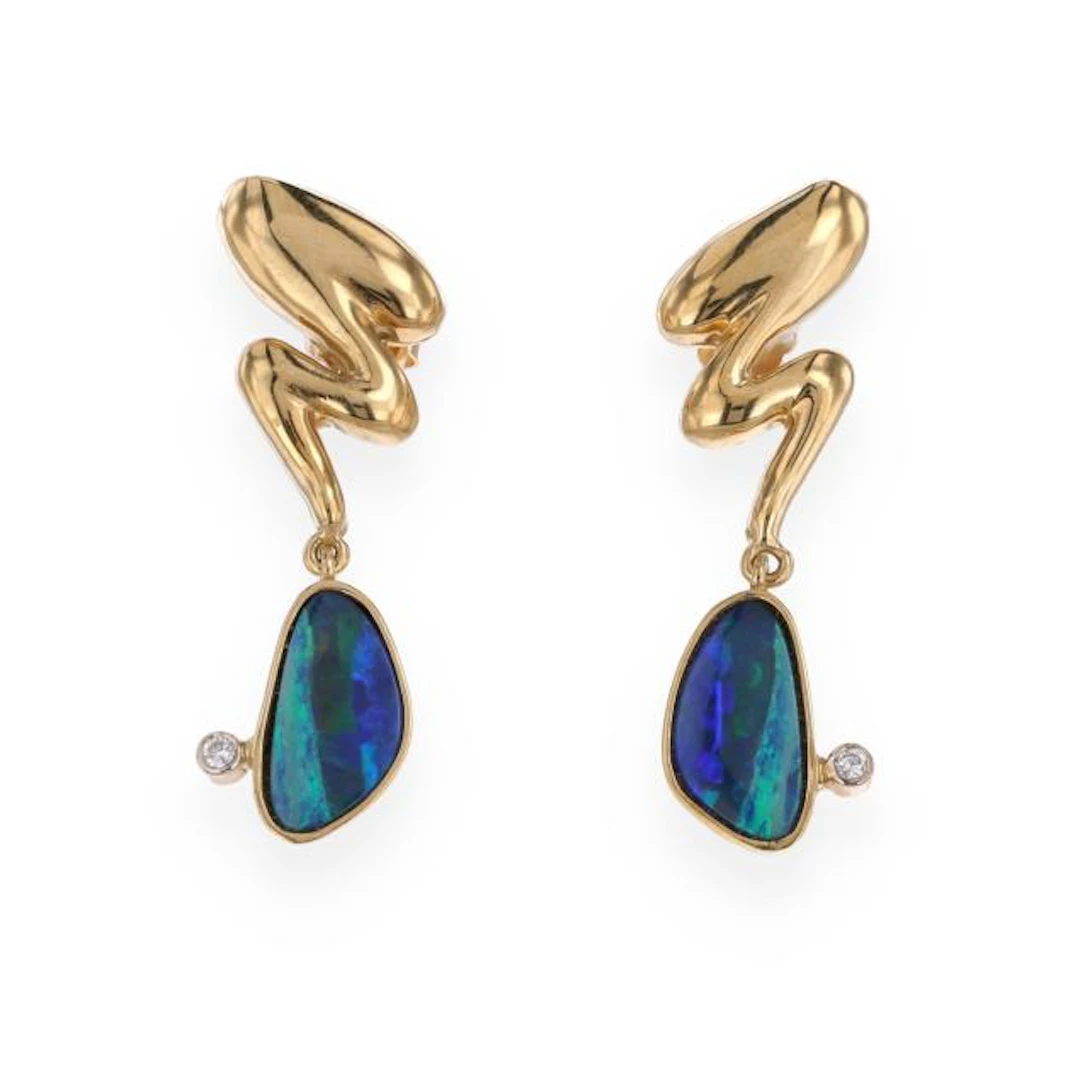 Gold, Opal, and Diamond Dangle Earrings