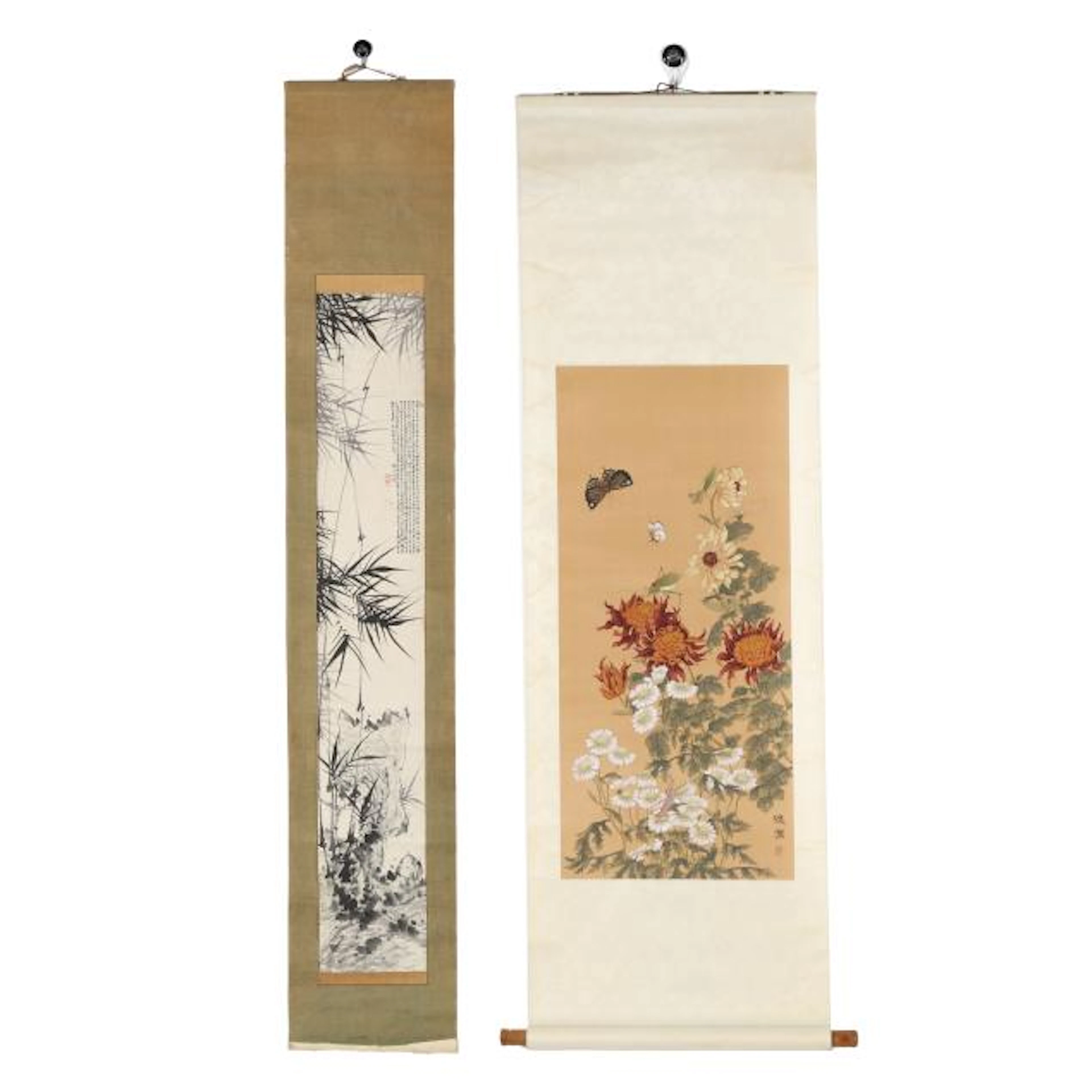 Two Chinese Paintings of Bamboo and Flowers