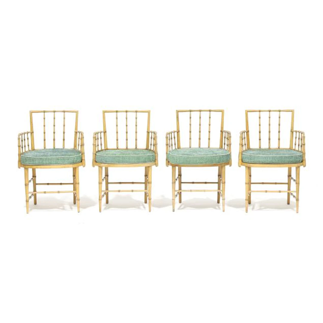 Attributed Baker, Set of Four Faux Bamboo Chairs