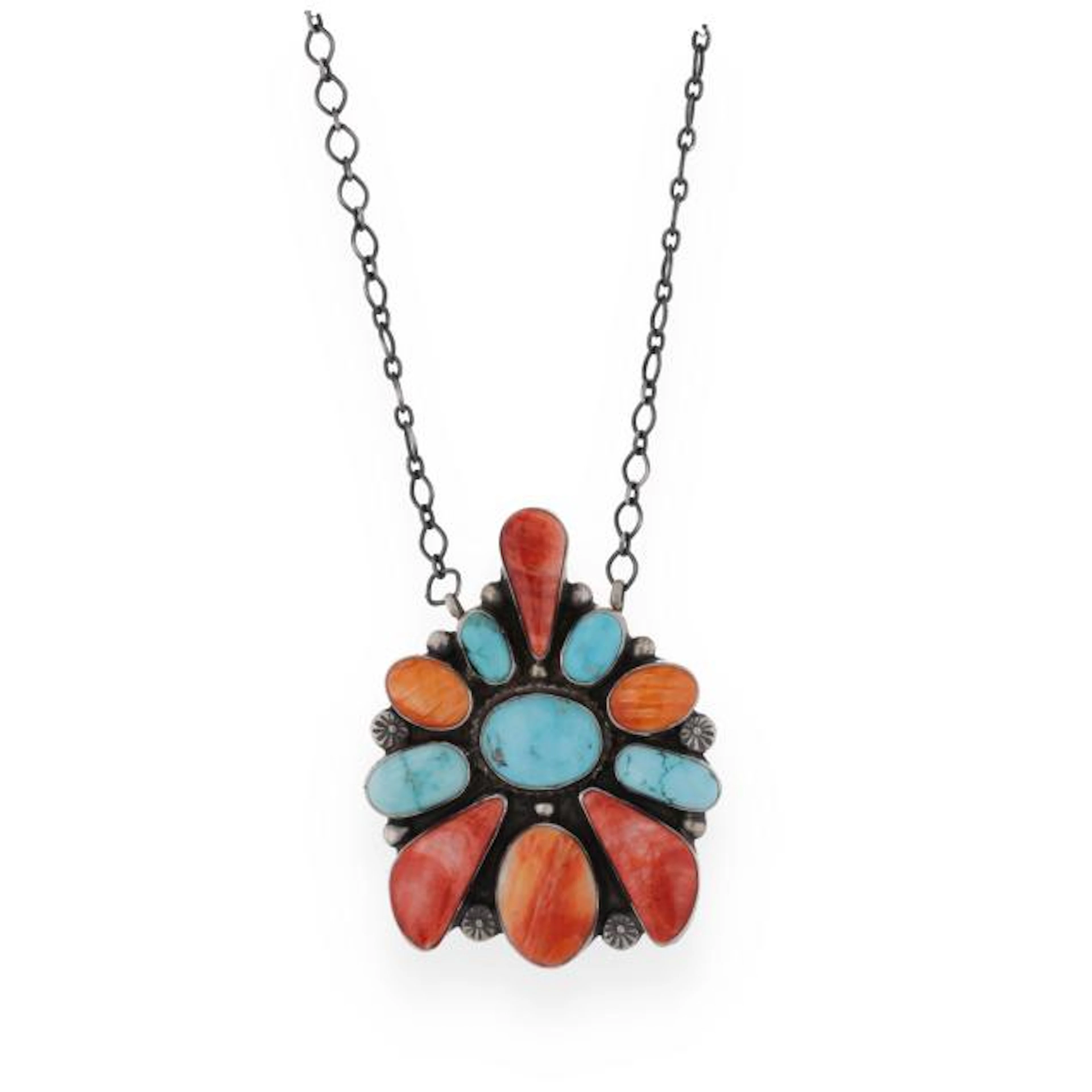 Silver, Turquoise, and Shell Cluster Pendant, Travis Jim