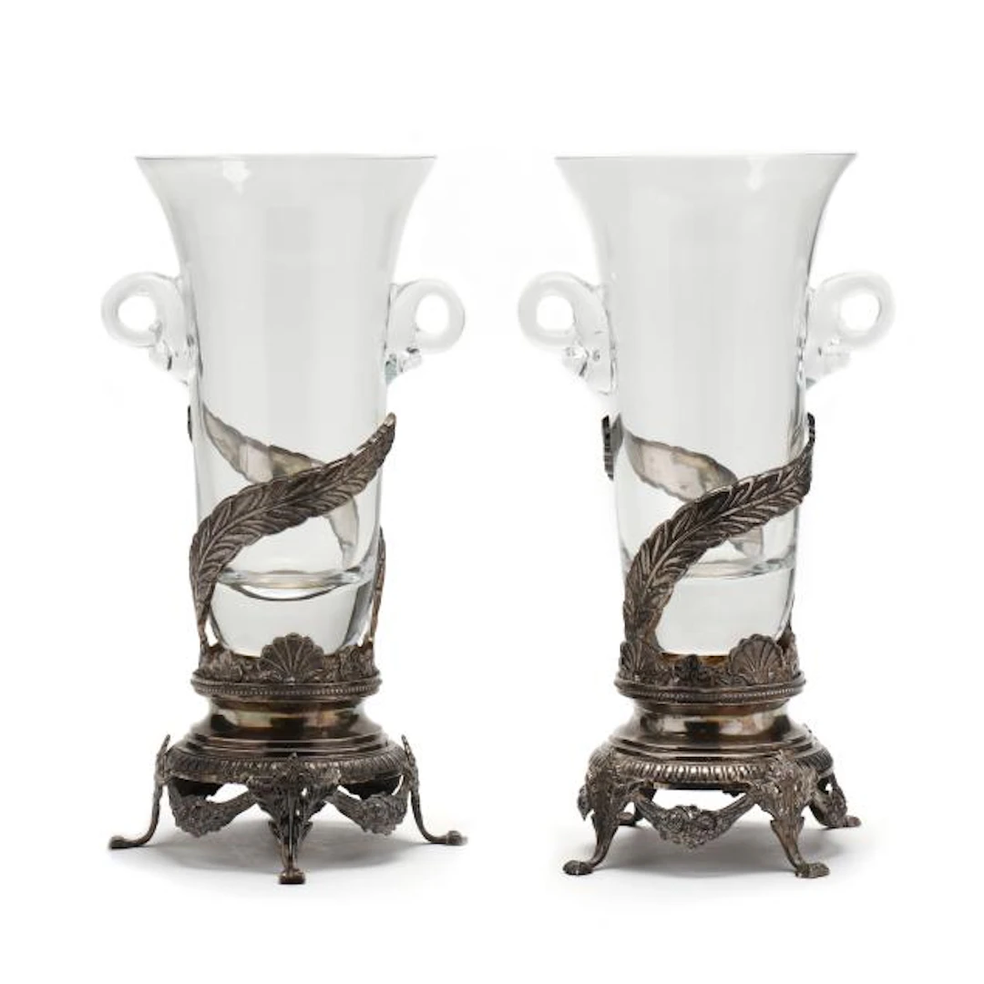 Castilian Imports, Pair of Vintage Silver-Plated and Blown Glass Centerpiece