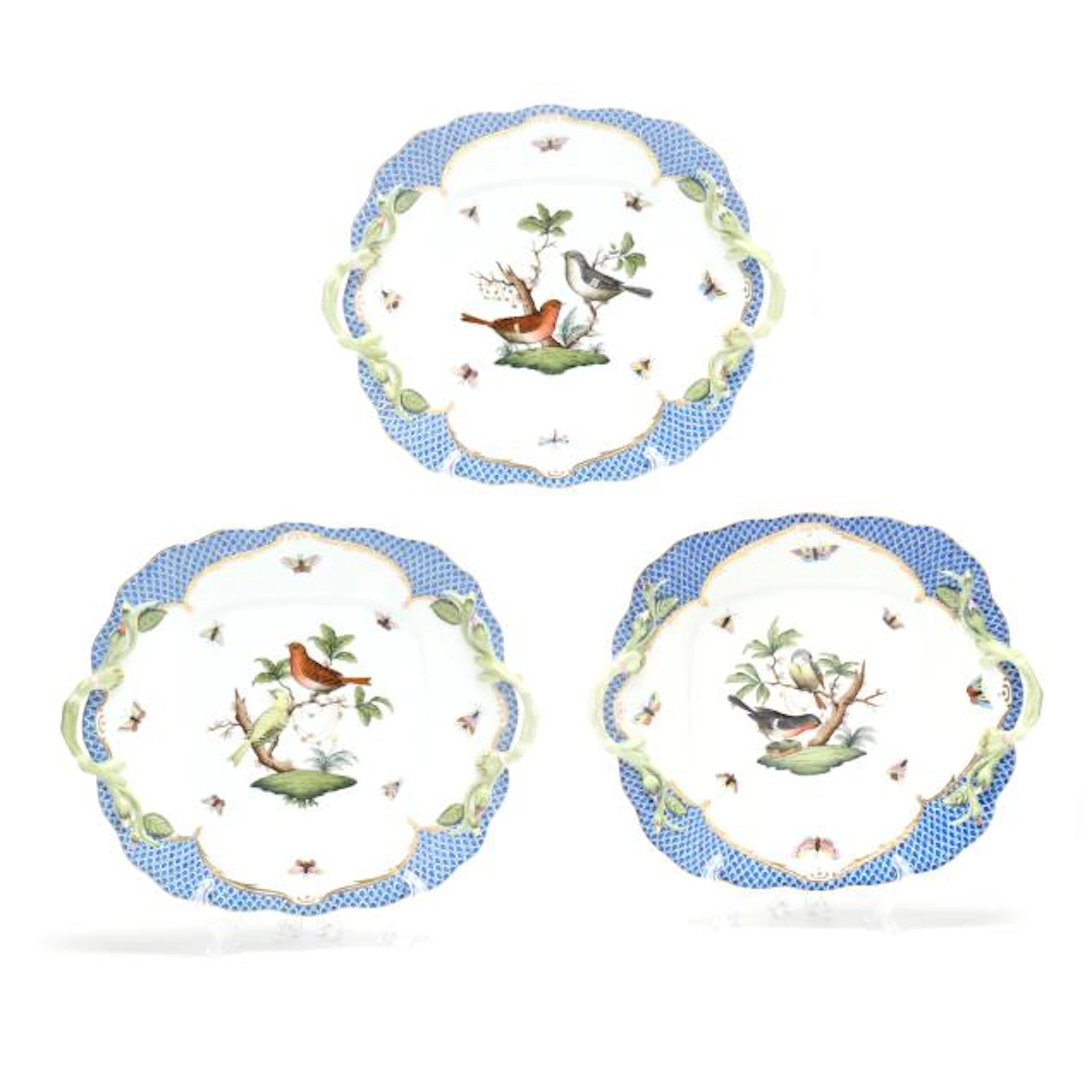 Three Herend Rothschild Bird Blue Border Square Handled Cake Plates