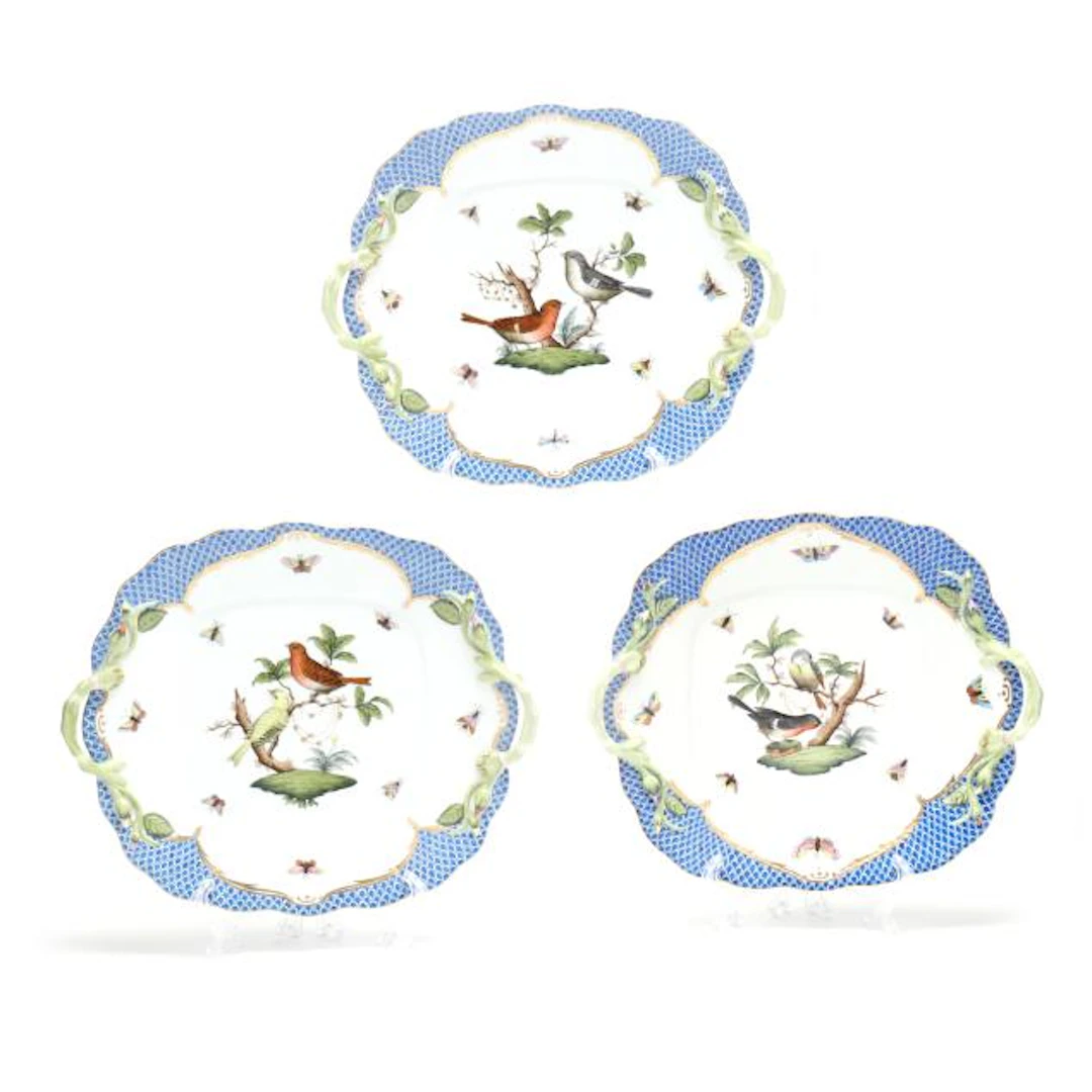 Three Herend Rothschild Bird Blue Border Square Handled Cake Plates
