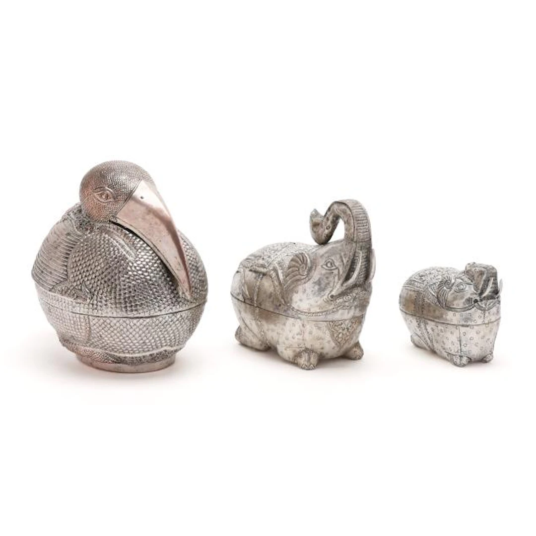 Three Large Cambodian Metal Animal Form Betel Boxes