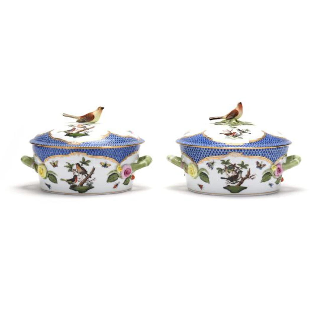 Pair of Herend Rothschild Bird Blue Border Small Covered Vegetable Dishes