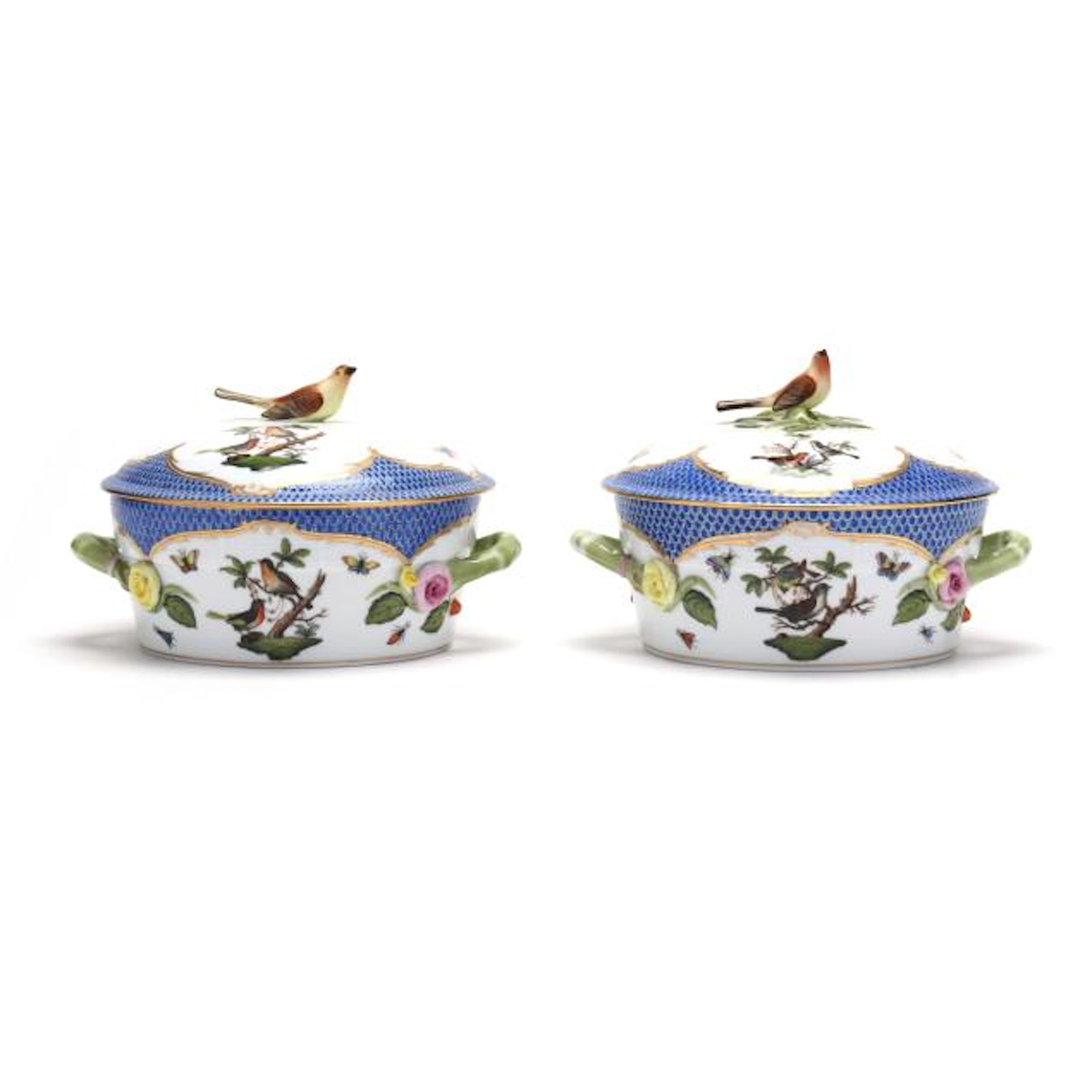 Pair of Herend Rothschild Bird Blue Border Small Covered Vegetable Dishes