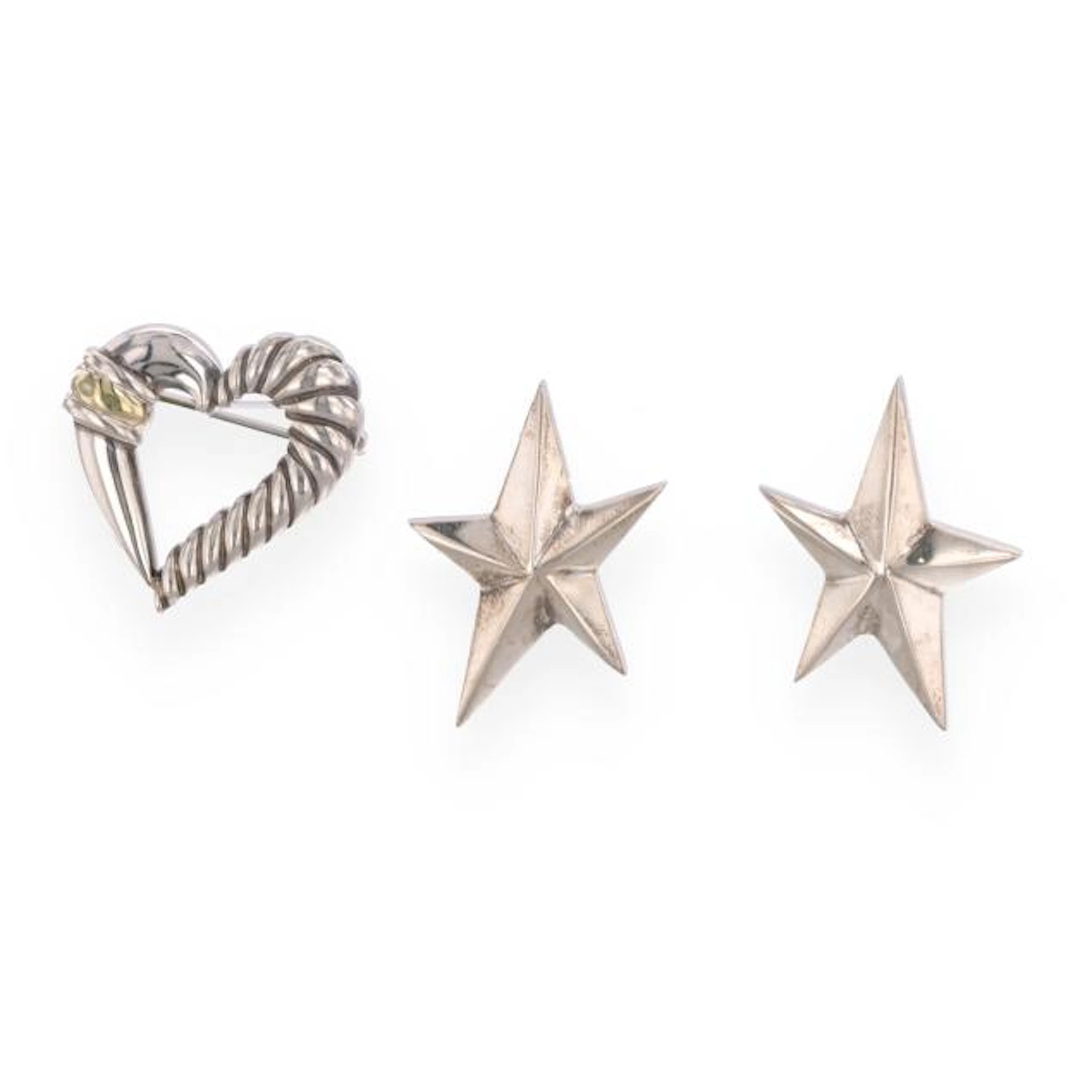 Silver Star Motif Earrings and Heart Motif Brooch